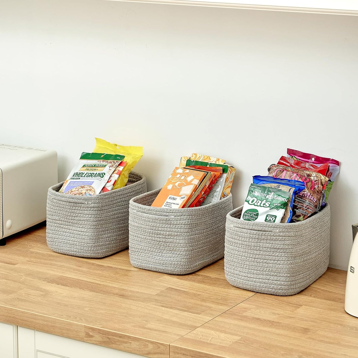 Small Cotton Rope Basket – Storage Bin for Organizing (10.6" x 6.7" x 6.7"), Bathroom Storage Basket for Shelf, Counter & Closet（Grey）