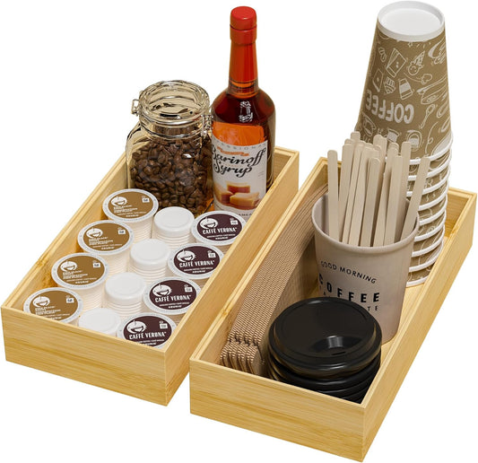 Kitchen Drawer Organizer Bins, Stackable Bamboo Drawer Organizer for Silverware, Flatware, Coffee Pod Organizer K Cup Holder for Countertop, 2 Pcs Coffee Station Organizer 12" x 6" x 2.5"