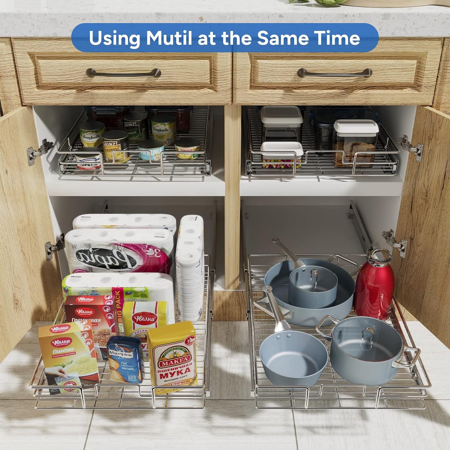 ROOMTEC Pull Out Cabinet Organizer, Cabinet Pull Out Shelves 14½" W x 21½" D, Heavy Duty Cabinet Drawers Slide Out Kitchen Cabinet Organizers Storage Shelf