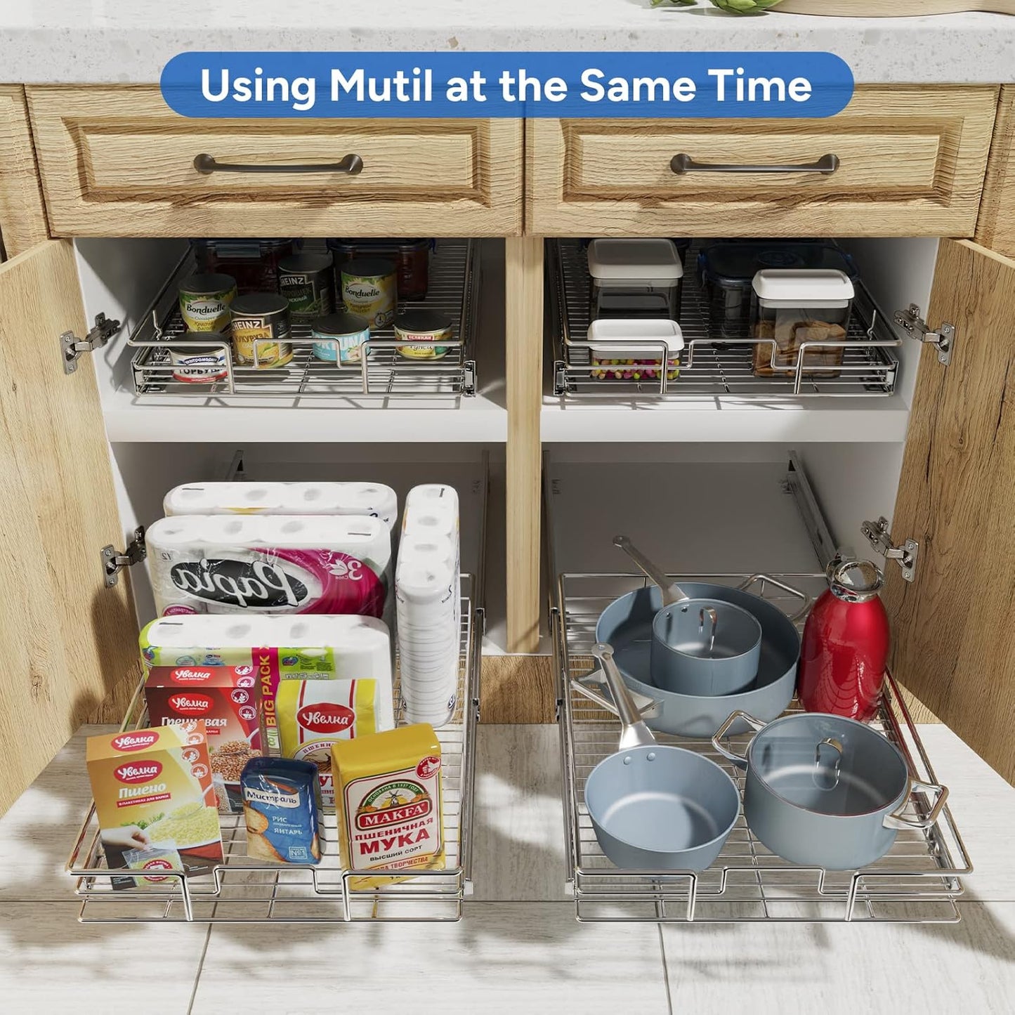 ROOMTEC Pull Out Cabinet Organizer, Slide Out Shelves 31" W x 21" D, Heavy Duty Kitchen Cabinet Organizers, Neutral
