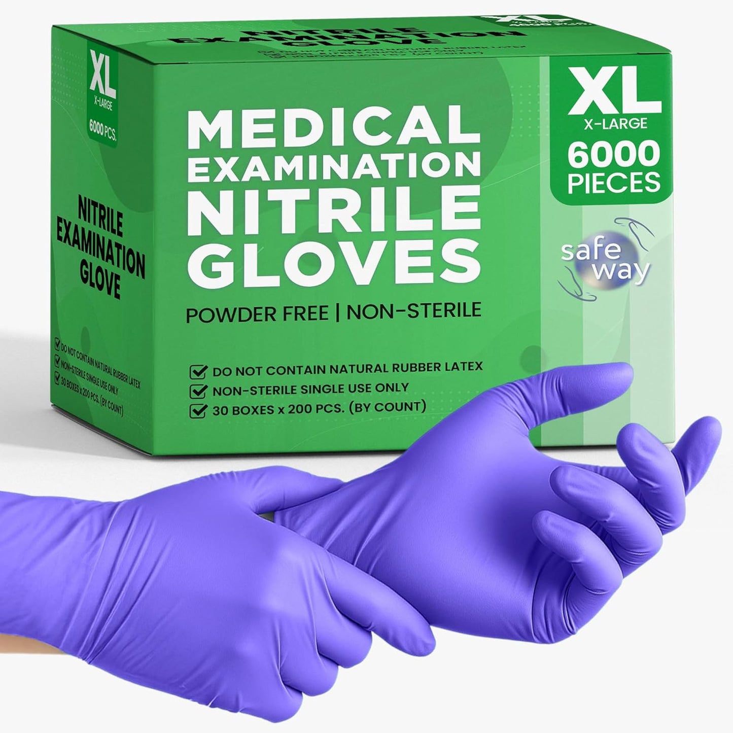 SafeWay Nitrile Disposable Gloves — Multi-Purpose Powder-Free, Non-Latex, Medical Use, and Textured Fingertips for Food Prep, Cleaning, Tattoo, Nursing, Lab, Examination, & More — (6000 pcs, X-Large)