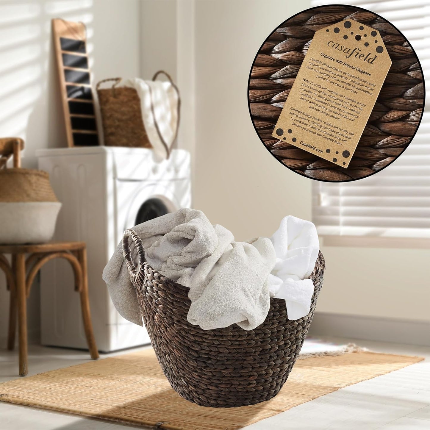 Casafield Large Laundry Boat Basket with Handles - Espresso, Woven Water Hyacinth Multipurpose Storage Organizer for Throw Blankets, Bathroom, Bedroom, Living Room
