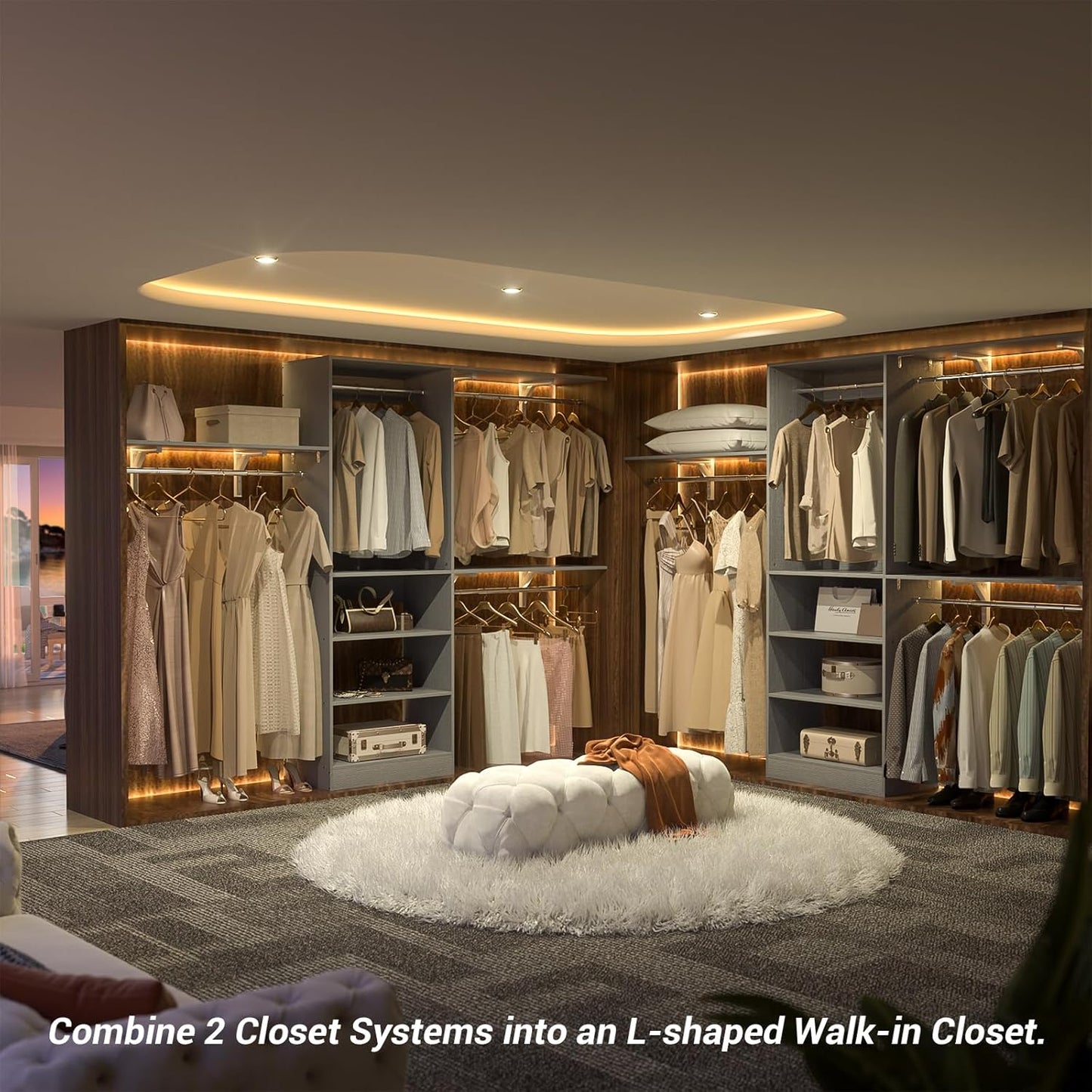 8FT Closet System with Shelves, 96'' Closet Organizer System with 3 Hanging Rods, Wall Mount Bedroom Wardrobe Walk-in Closet, Adjustable Cloth Garment Rack from 5 to 8FT (Cut to Fit), Grey