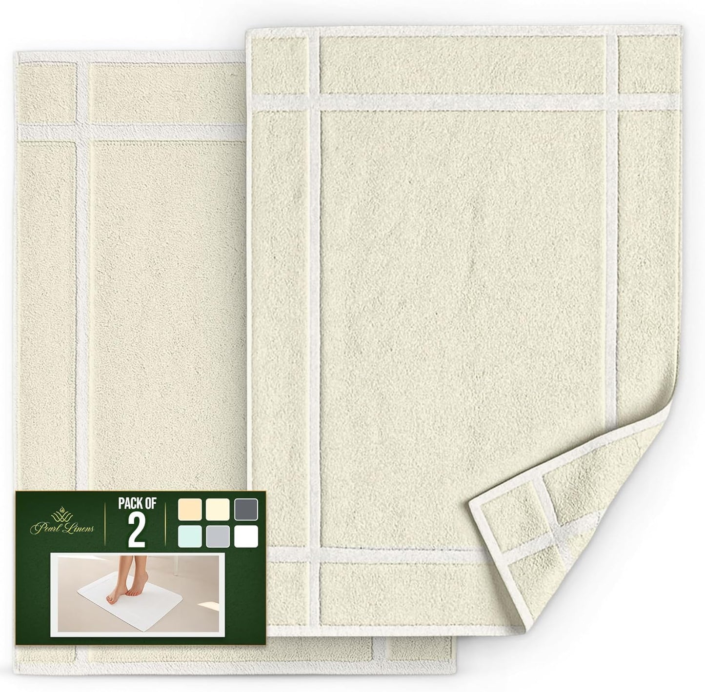 Pearl Linens Pack of 2 100% Cotton Bath Mat 18x25 inches, Soft & Absorbent Quick Dry Bathroom Mats Set, Not Bathroom Rugs, After Shower Mats, Bath Tub Mat, 687 GSM, Machine Washable, Ivory