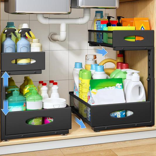 Under Sink Organizer, 2 Pack 2 Tier Pull Out Under Cabinet Organizer Shelf with Pad for Framed Cabinets, Metal Slide Out Under Sink Storage, Mesh Sliding Drawers for Kitchen Bathroom Laundry, Black