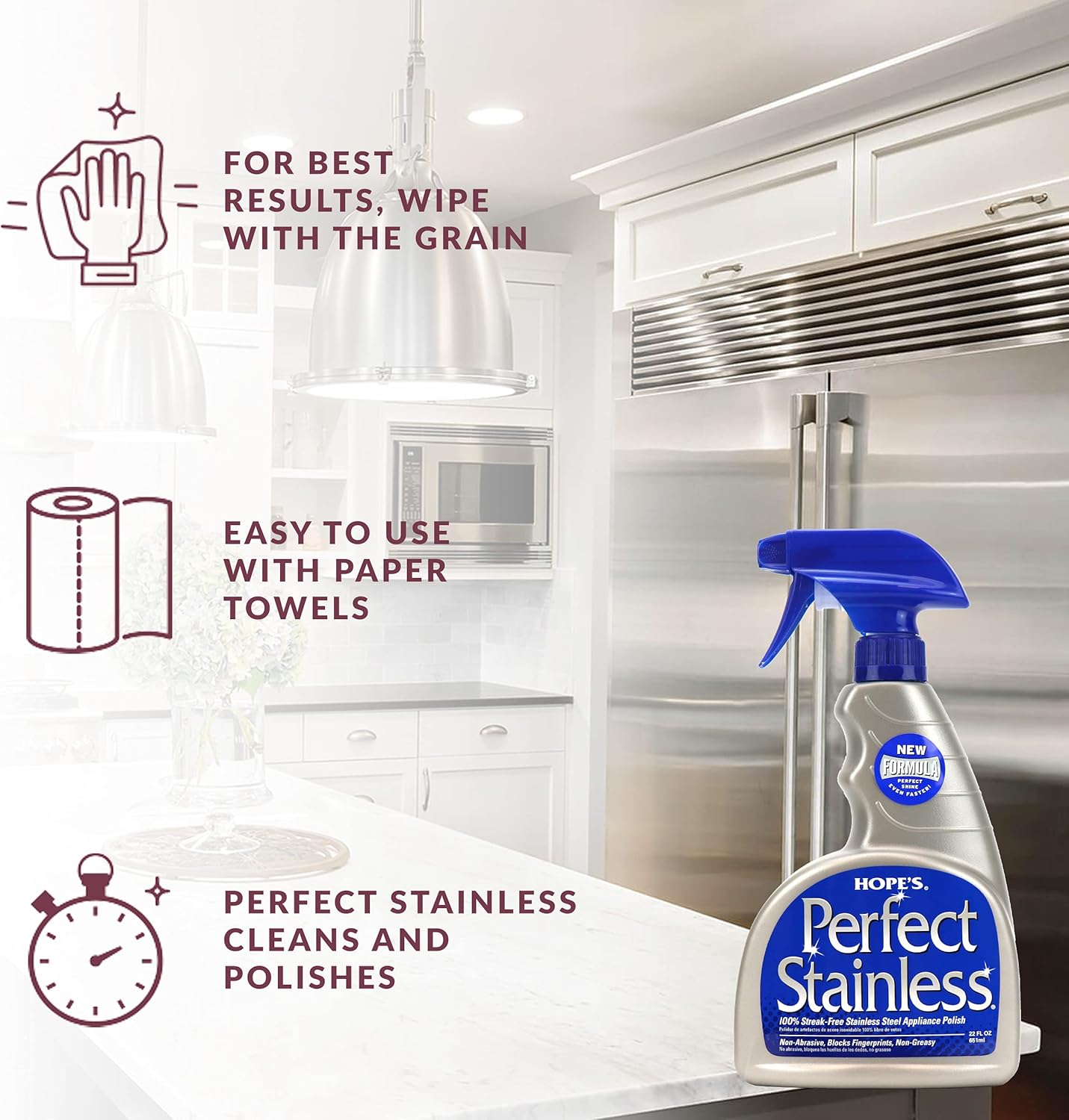 HOPE'S Perfect Stainless Steel Cleaner 22-Ounce, Streak-Free Self-Polishing Formula, Blocks Fingerprints, Pack of 4, 22 Ounce
