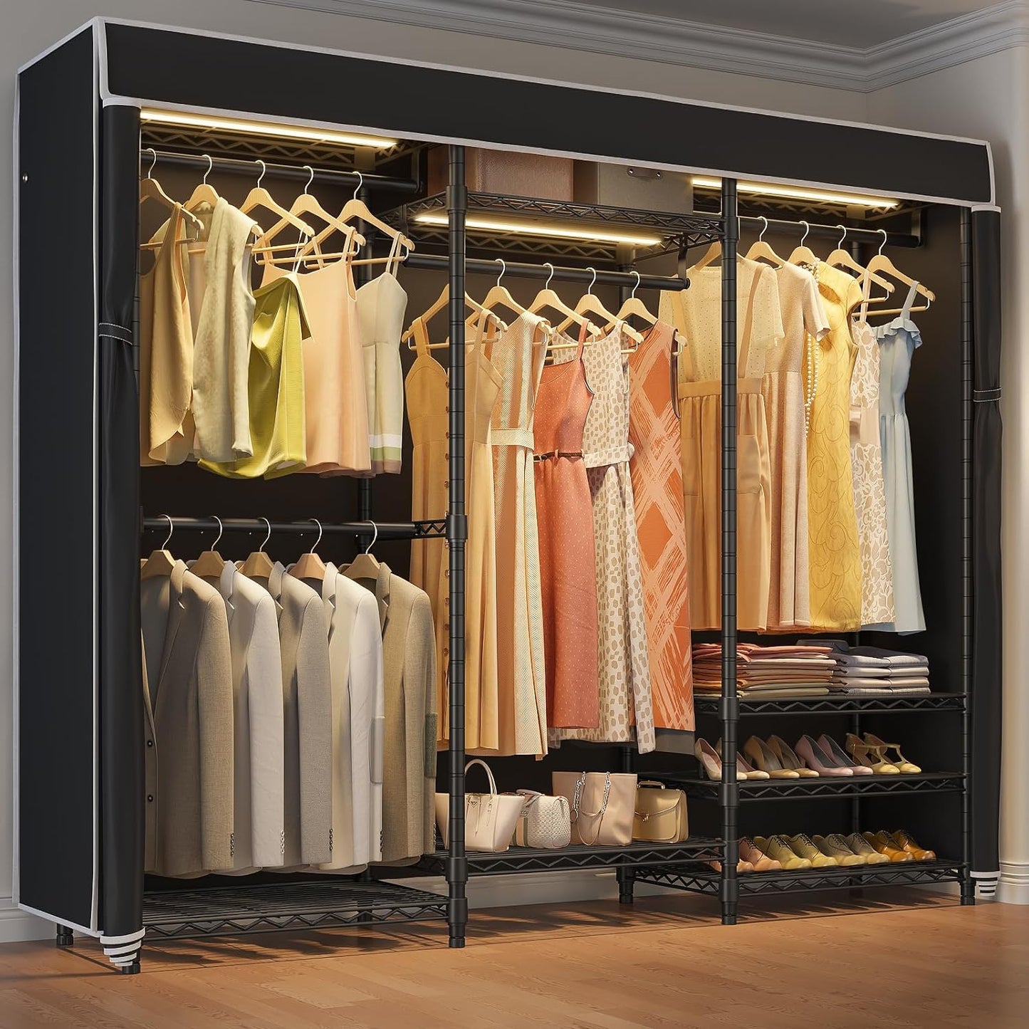 VIPEK V5LC Garment Rack Heavy Duty Covered Clothes Racks with Dimmable LED Light 3000K Warm White, Portable Closet Wardrobe Freestanding Clothing Racks for Hanging Clothes, Black Rack with Black Cover