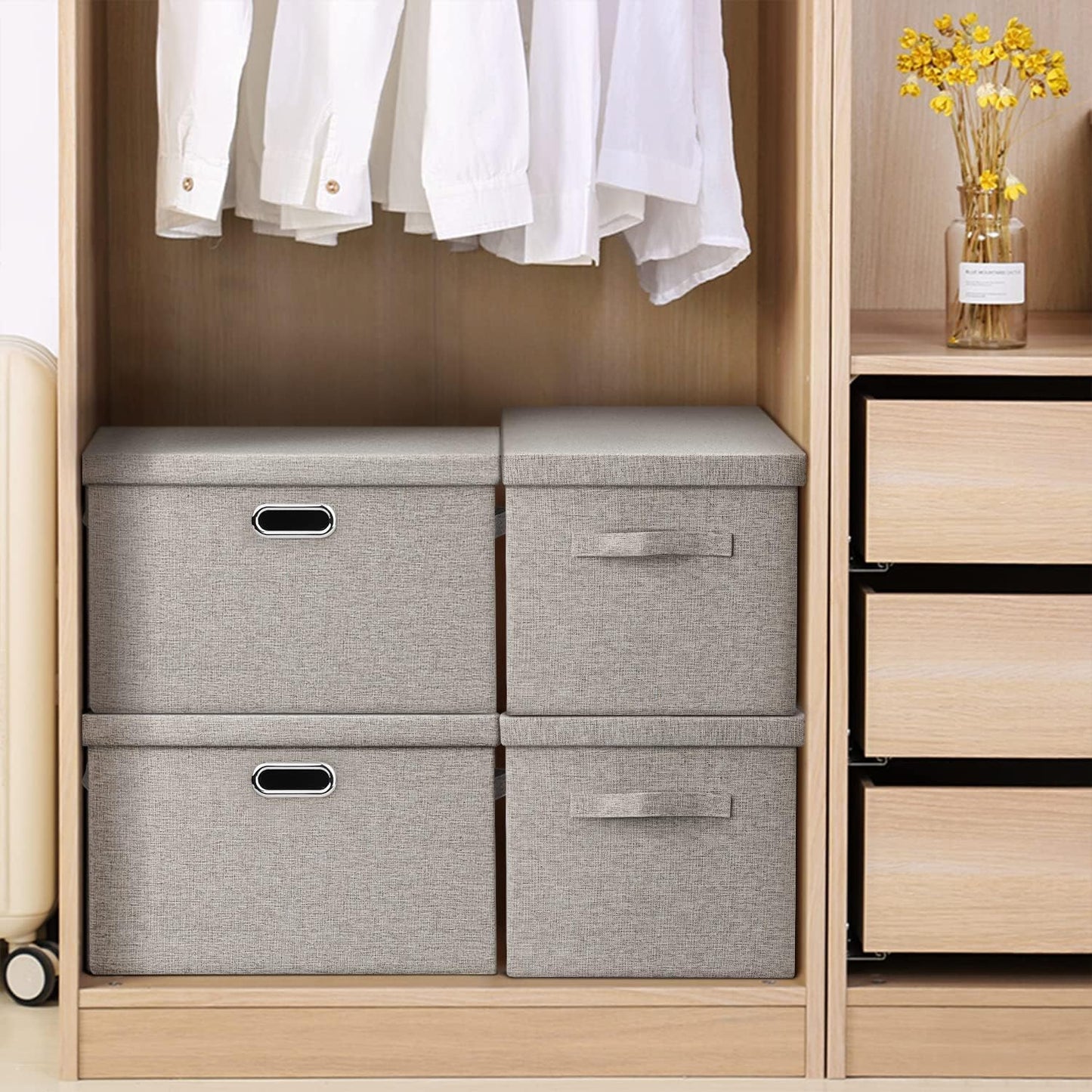 Large 17" 36 Quart Collapsible Stackable Storage Bins with Lids, 5 Packs Beige Linen Fabric Closet Boxes with Lids, Storage Cube Baskets Container Organizers for Bedroom Office(17 x12 x11)