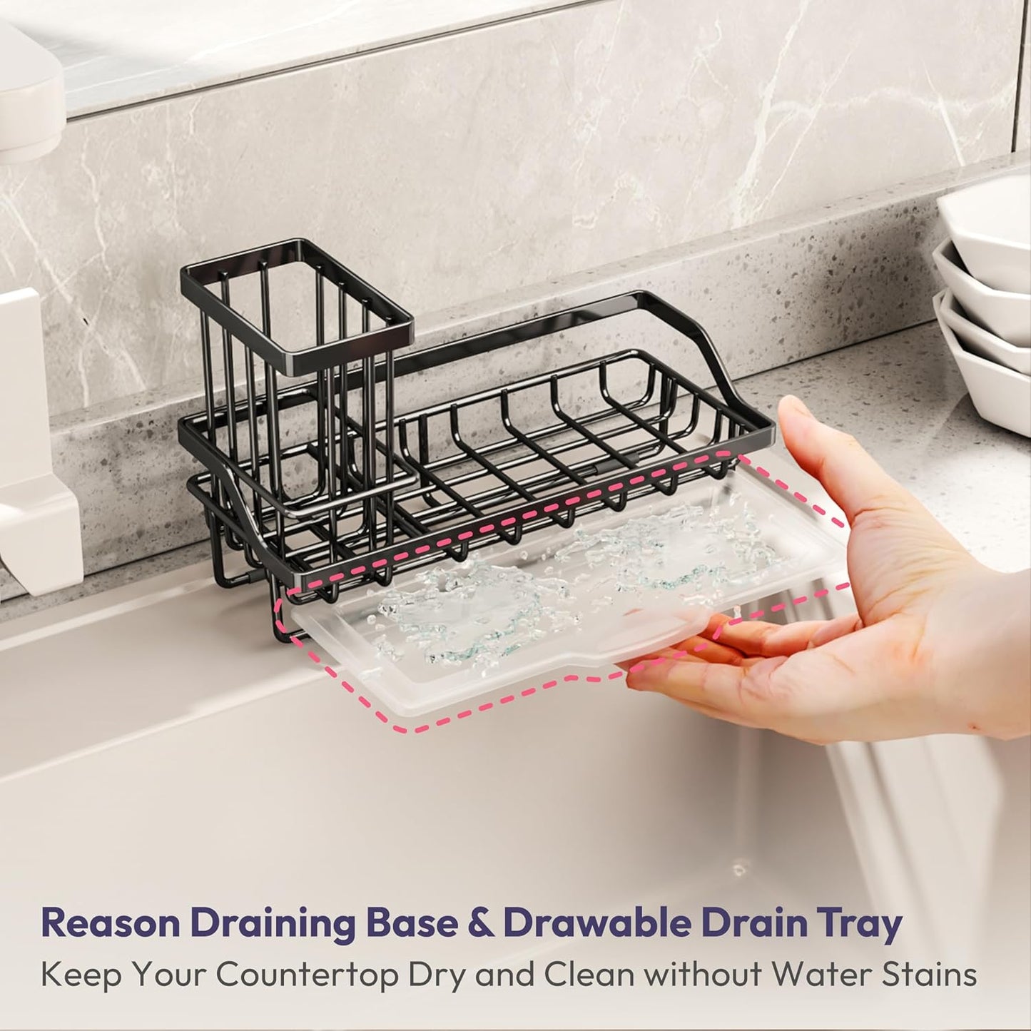 SWTYMIKI Sink Caddy Sponge Holder - Kitchen Sink Organizer with High Brush Holder for Countertop to Hold Dish Soaps and Sponges, Stainless Steel, Black