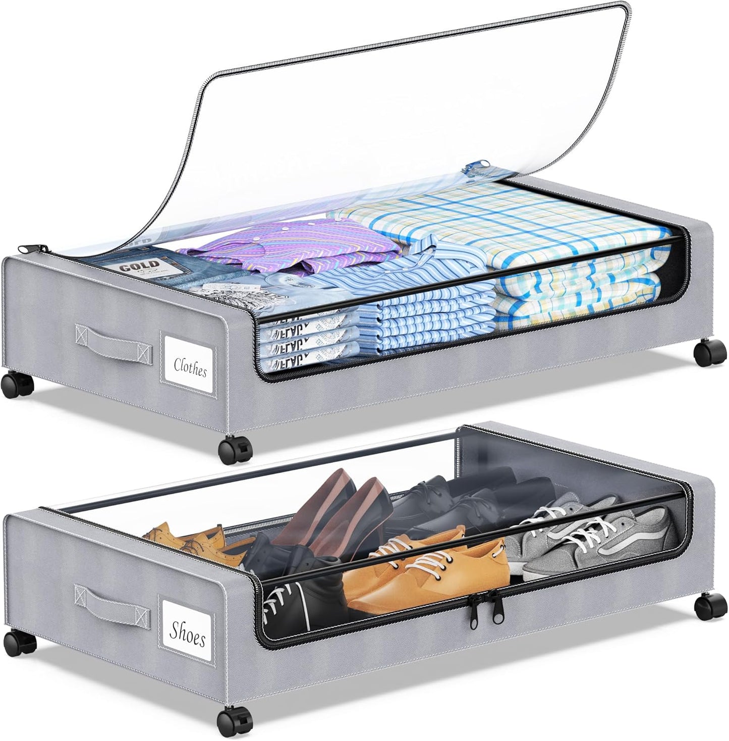 Under Bed Storage with Wheels, 2-Pack Under the Bed Storage Containers with Clear Lids & Label, Underbed Storage Bins, XXL 60L Rolling Metal Drawer for Clothes, Shoes, Toys, Books - Gray