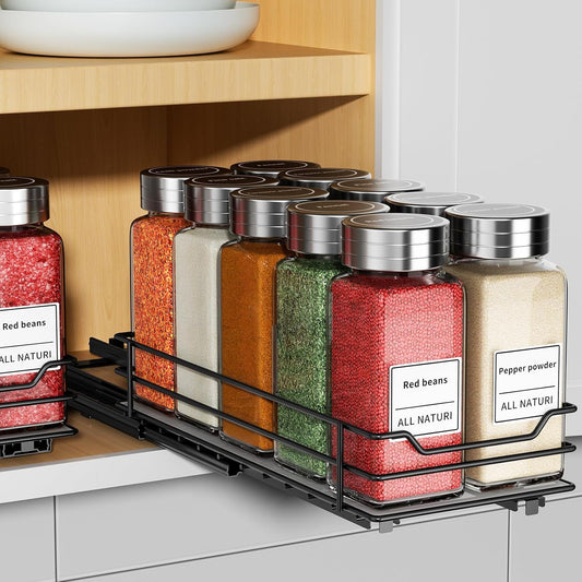 RCHYFEED Pull Out Spice Rack Organizer for Cabinet,Slide out Spice Organizer for Inside Cabinets,Heavy Duty Spice Organization for Kitchen and Pantry,Seasoning,Sauces(1-Tier,4.5" Wx10.5 Dx2.5 H)