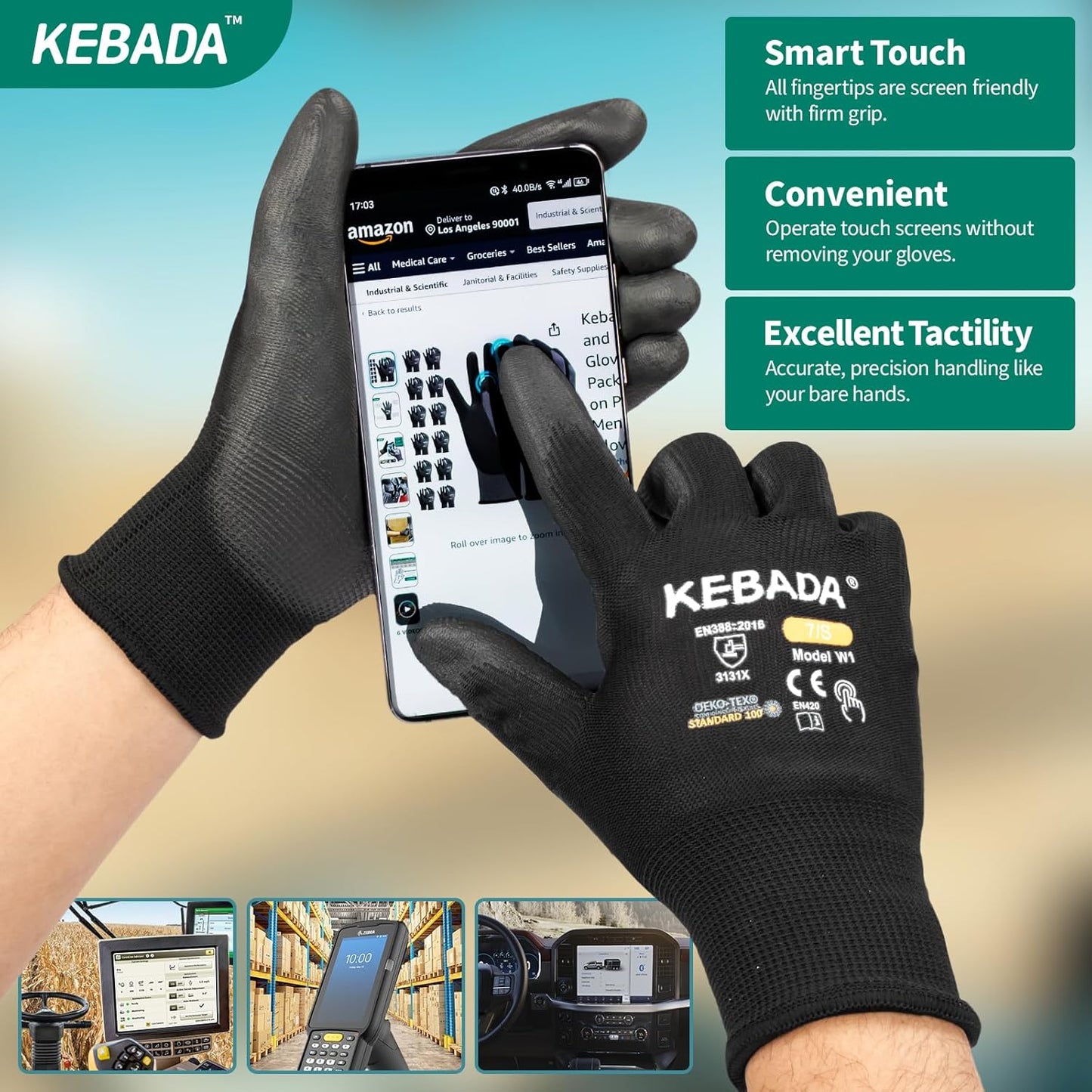 Kebada Safety Work Gloves,120 Pairs Bulk Pack, Touchscreen, PU Coated, Ideal for Warehouse, Construction, Gardening and Mechanics, Black, X-Small