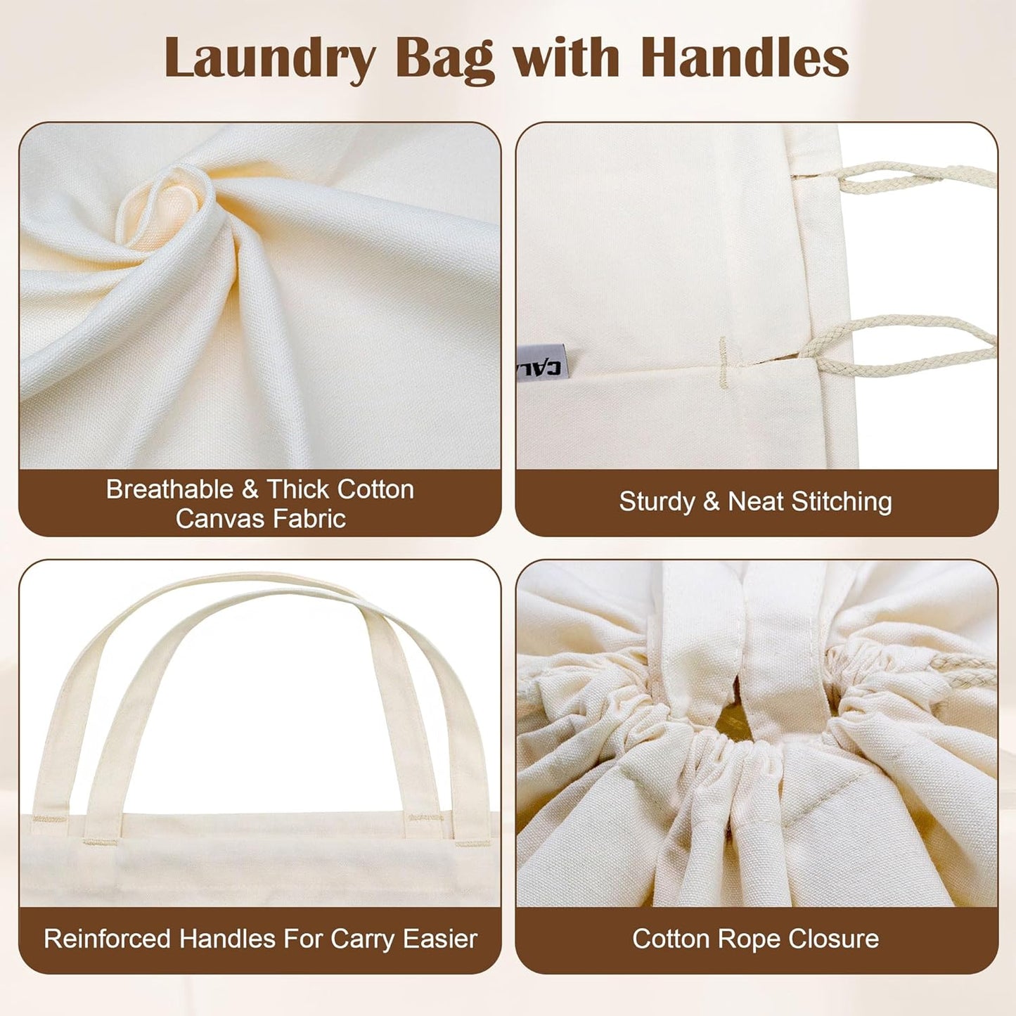 Canvas Laundry Bag with Handles & Drawstring 23.6"x35", Dirty Clothes Travel Bag, Heavy Duty Washable Cotton Laundry Sack for Travel, Camp, College (2 Pack)