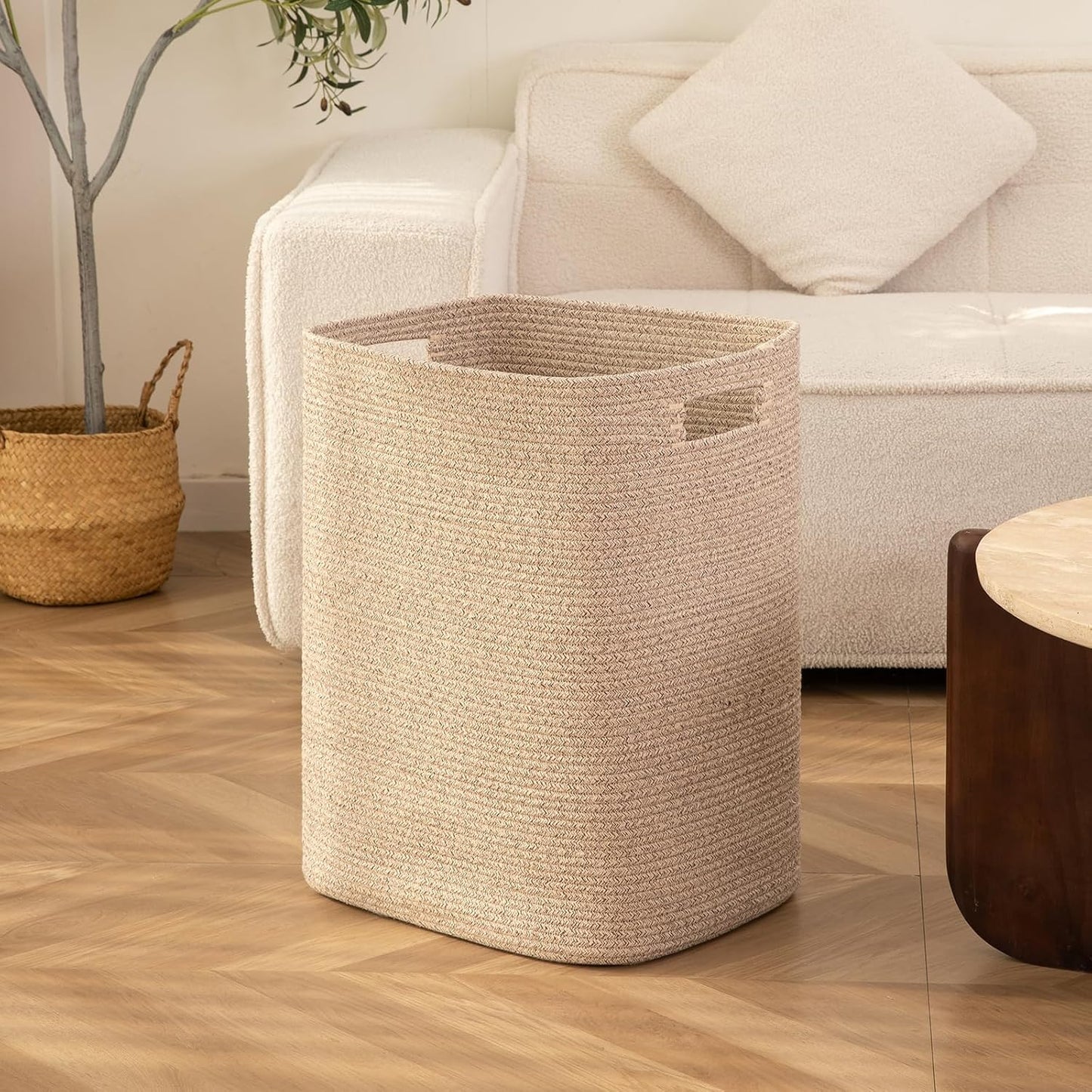 OIAHOMY Laundry Hamper, Rectangle Cotton Laundry Basket with Handles, Large Blanket Basket for Living room, Woven Decorative Storage for Toys,Clothes,Pillows-16x13x22in-Brown variegated