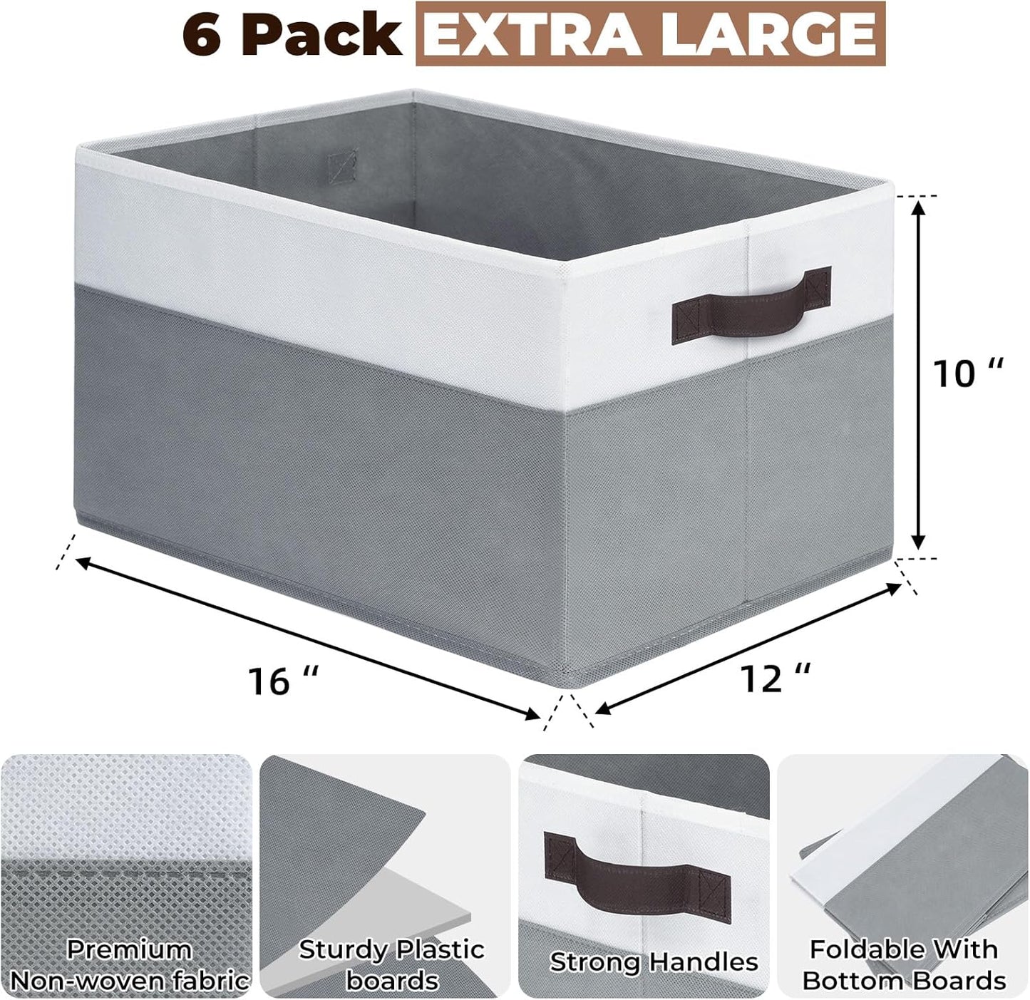 Criusia 6 Pack Clothes Bins for Organization - 16x12 Extra Large Storage Baskets for Shelves Closet Bedroom - Toy Storage Organizer Bins Boxes Cubes for Nursery - RV Apartment Essentials