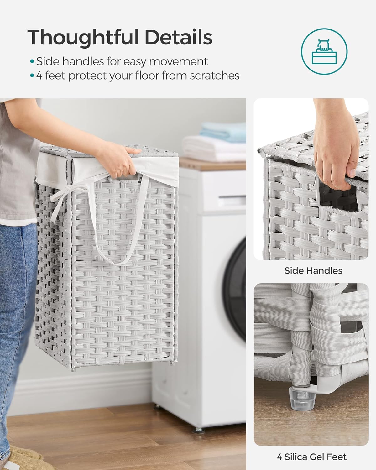 SONGMICS Laundry Hamper with Lid, 17.2 Gallon (65 L) Synthetic Rattan Clothes Laundry Basket with Lid and Handles, Foldable, Removable Liner, Cloud White ULCB165W01
