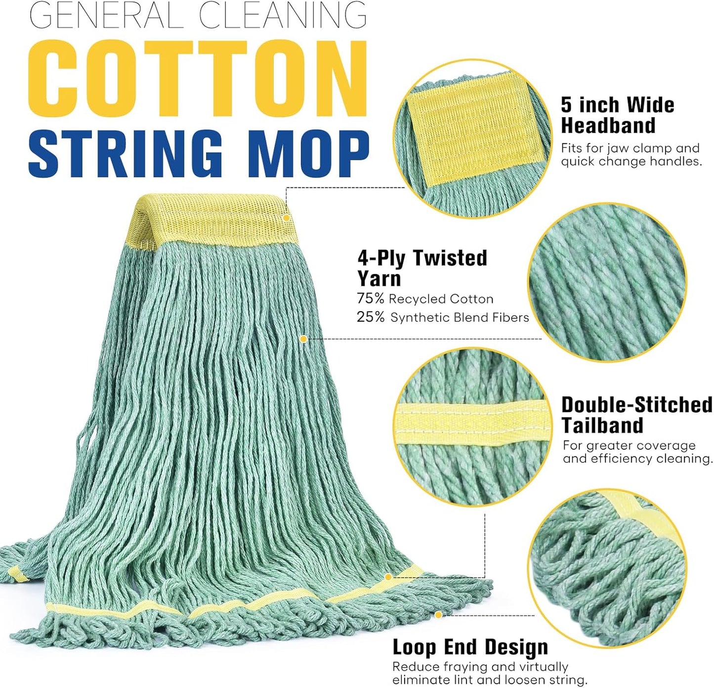 Matthew Cleaning Commercial Mop Head Replacement, 5 Inch Wide Headband, Looped End Cotton Blend String Wet Mops for Floor Cleaning, 24 oz Large, 1-Pack Green