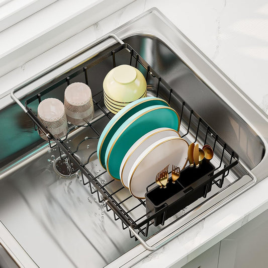 Small Dish Drying Rack in Sink, Expandable Stainless Steel Dish Drainers for Kitchen Counter, with Drain Board & Utensil Holder(Black)