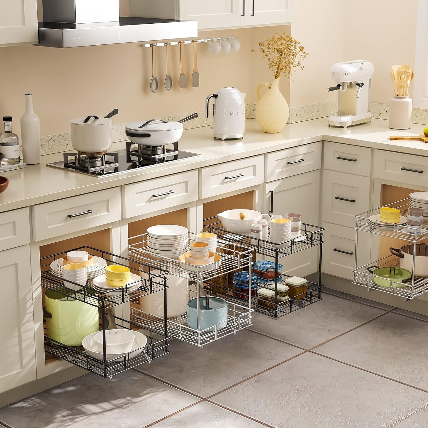 ROOMTEC Pull Out Cabinet Organizer 20" W x 21" D, Kitchen Cabinet Organizer and Storage 2-Tier Cabinet Pull Out Shelves Under Cabinet Storage for Kitchen Chrome