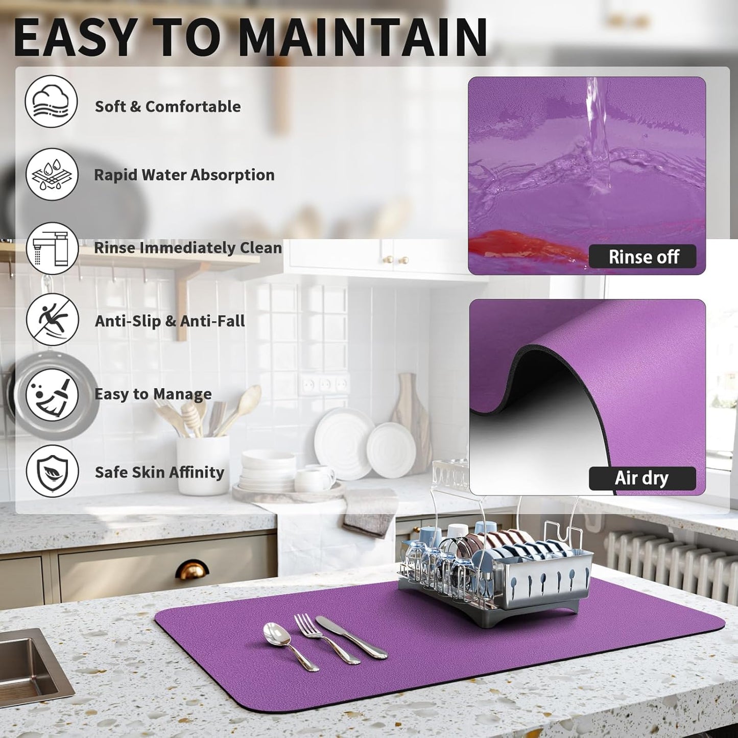 Dish Drying Mat for Kitchen Counter, Heat Resistant Drainer Mats with Non-slip Rubber Backed, Hide Stain Kitchen Super Absorbent Draining Mat, Easy to Clean Dish Rack Pad, Purple 18"x28"