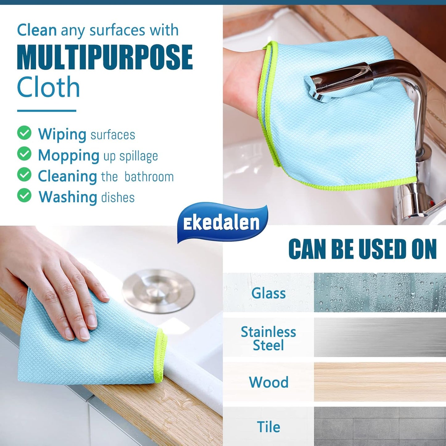 Microfiber Cleaning Cloth Lint Free Glass Cleaner Window Polishing Streak Free Miracle Easy Clean Rag Reusable for Mirror Kitchen Dish Auto Detailing,Pack of 8, 12'' x 16'', Light Blue