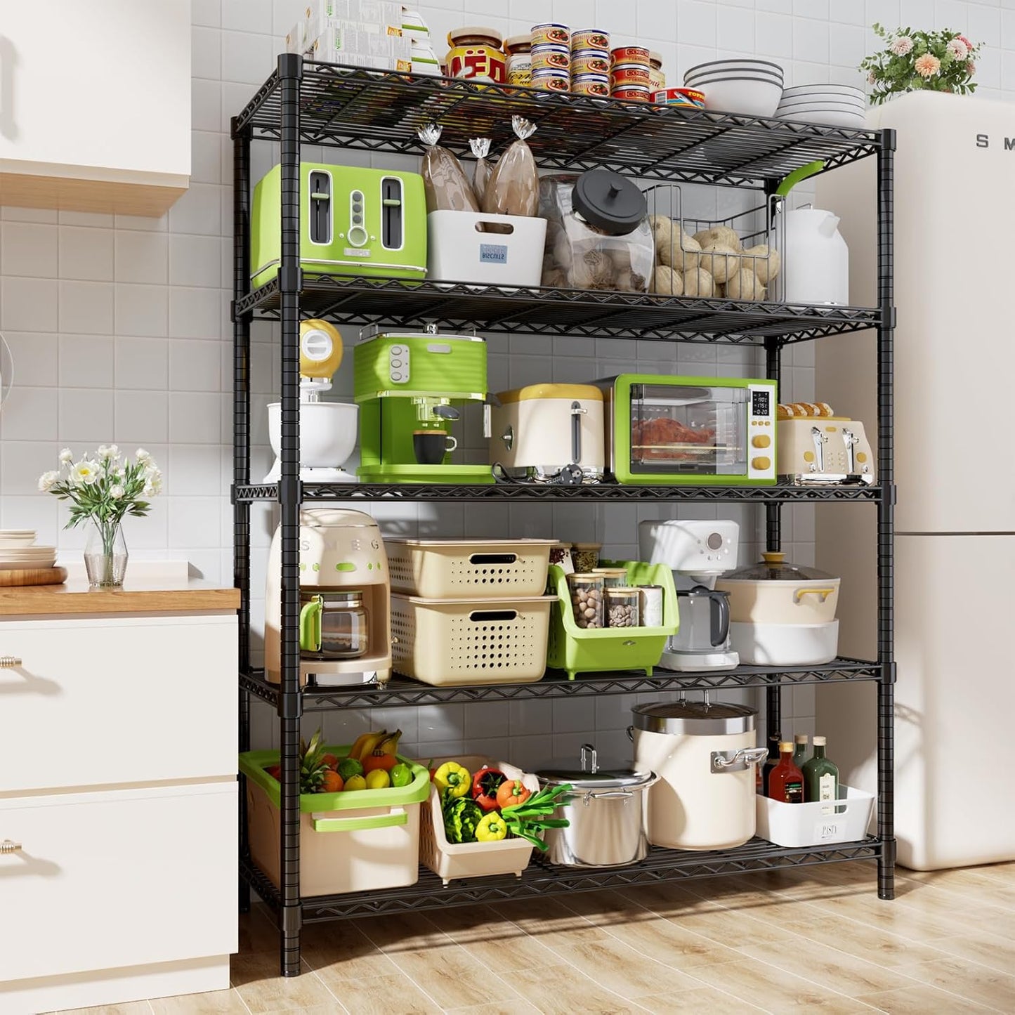 Storage Shelves, 48" L x 20" W x 72" H Heavy Duty Garage Wire Shelving Unit Loads 2000LBS, 5-Tier Adjustable Metal Industrial Utility Shelf Rack for Kitchen, Laundry Room, Basement