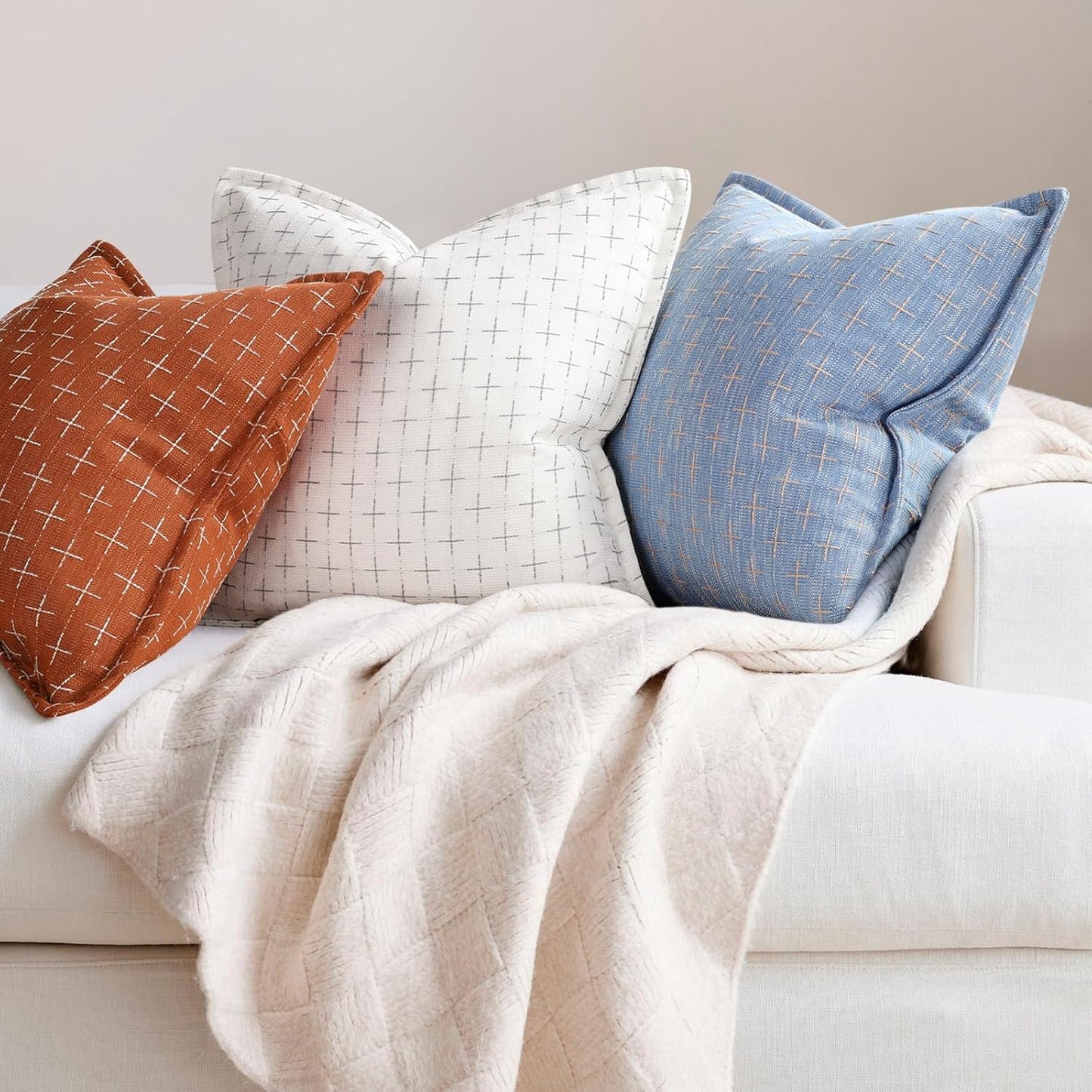 ZWJD Pillow Covers 16x16 Set of 2 Soft Polyester Textured Pillow Covers with Stylish Flange Edge Cozy Farmhouse Throw Pillows for Couch Bed Sofa Living Room