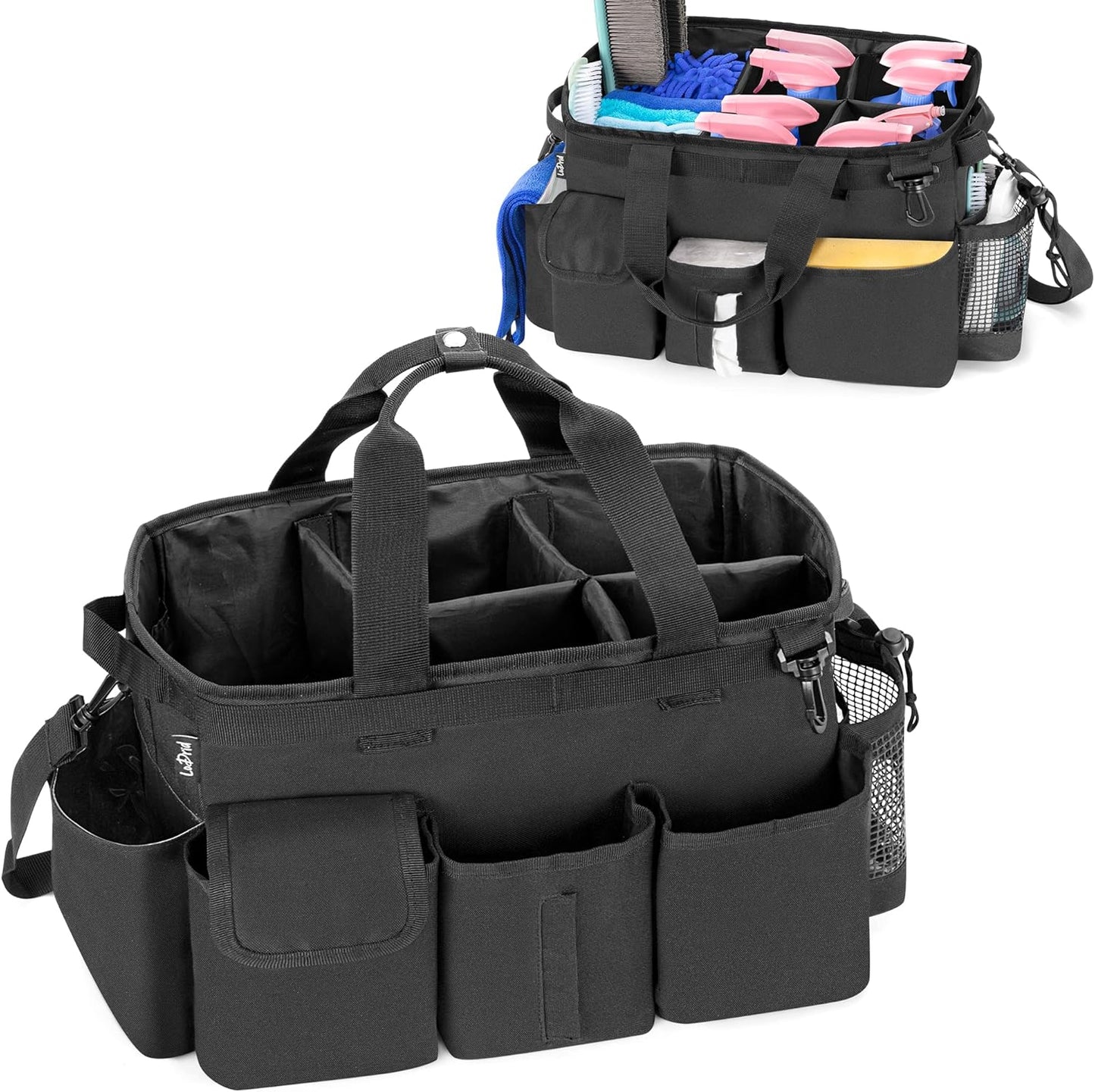 LoDrid Large Wearable Cleaning Caddy Bag with Detachable Divider, Cleaning Supply Tote with Handles, Organizer with Adjustable Shoulder Strap for Cleaners & Housekeepers, Black