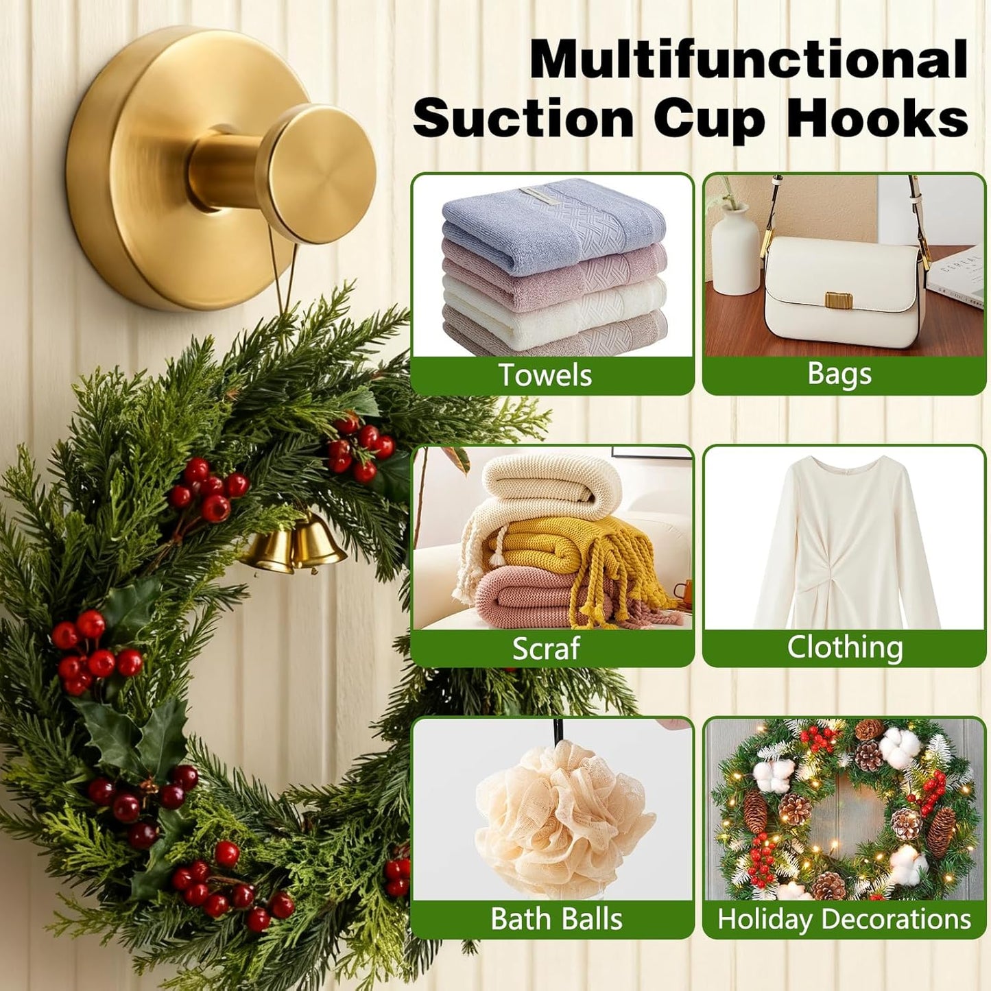 Suction Cup Hooks for Wreaths on Glass, 2025 New No Drill Suction Cup Hooks (2PCS-Gold)