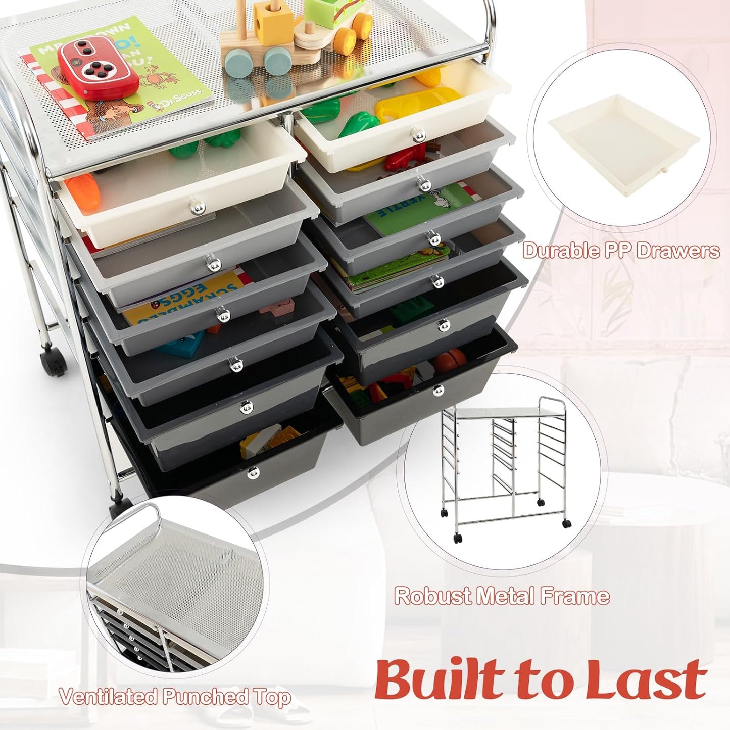 GOFLAME 12-Drawer Rolling Storage Cart, Multipurpose Organizer Cart with 2 Sizes Plastic Drawers, Mobile Utility Cart with Lockable Casters for School, Home Office, Beauty Salon, Gradient Grey