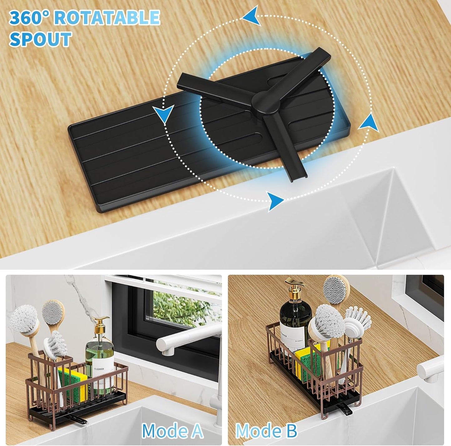 Cisily Brown Sponge Holder for Kitchen Sink, Sink Caddy Organizer with High Brush Holder, Kitchen Countertop Organizers and Storage Essentials, Rustproof 304 Stainless Steel, Soap Dispenser Organize
