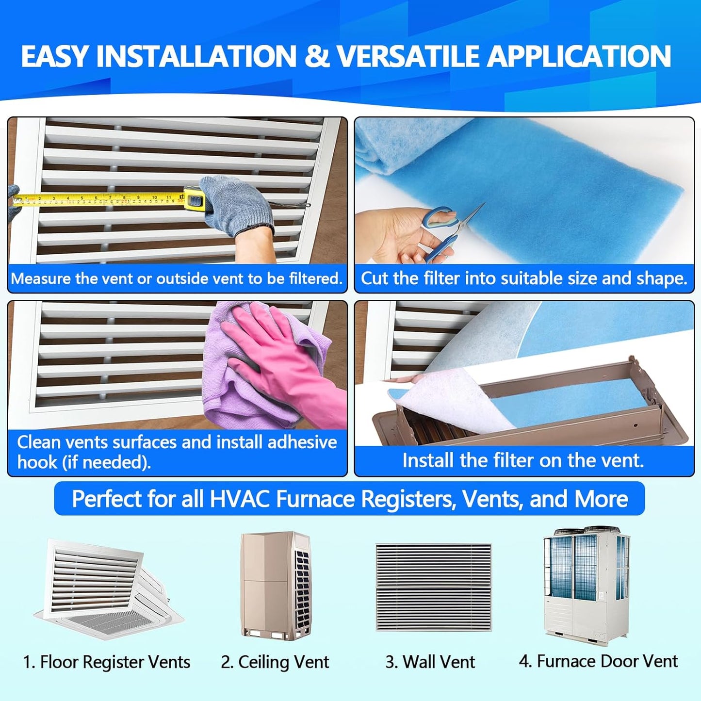 12" x120" Air Vent Filters, Cut to Fit Air Filter (50+ Filters), MERV 8 Triple Vent Filter for Home Floor, Ceiling, RV, HVAC Furnace Vents, With Adhesive Hook Tape and Installation Tape