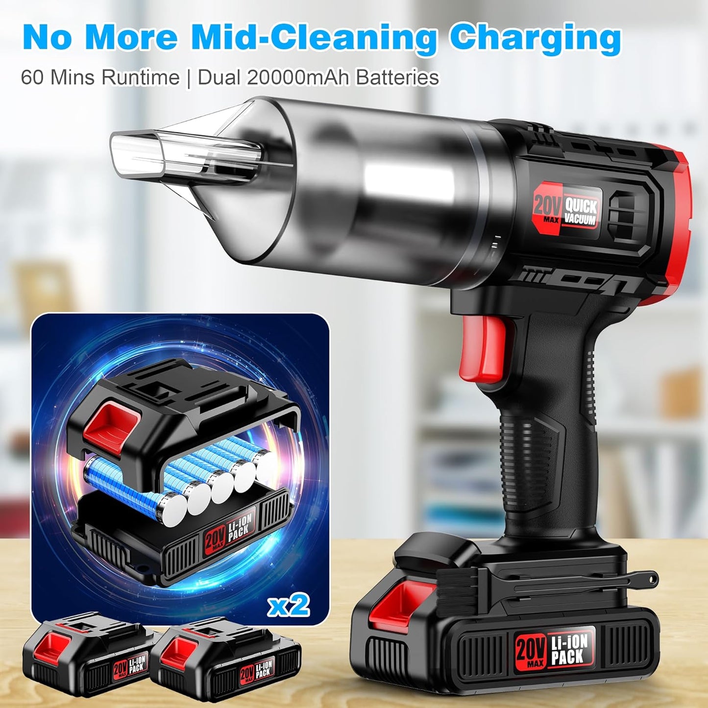 Cordless Handheld Vacuum Cleaner - 35000PA Strong Suction for Car & Home, Car Vacuum Portable Rechargeable Lightweight for Pet Hair with HEPA Filter, Quick Clean in Office/Desk/Couch (Red)