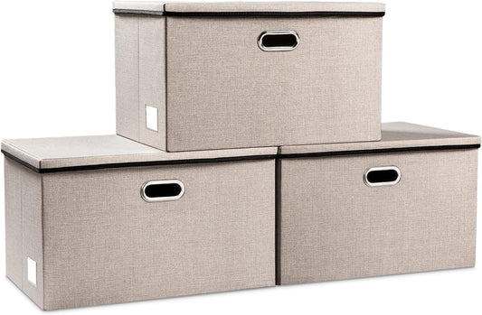 PRANDOM Extra Large Collapsible Storage Bins with Lids [3-Pack] Linen Fabric Foldable Storage Baskets Boxes Organizer Containers Cube with Cover for Bedroom Closet Office Nursery (22.8x15.7x13.8)