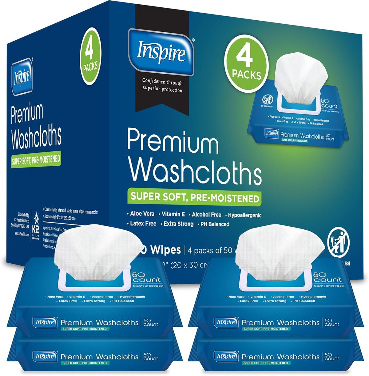 Inspire Adult Wet Wipes, Wash Cloths | Adult Wipes for Incontinence & Cleansing for Elderly, 8"x12" (200 count)