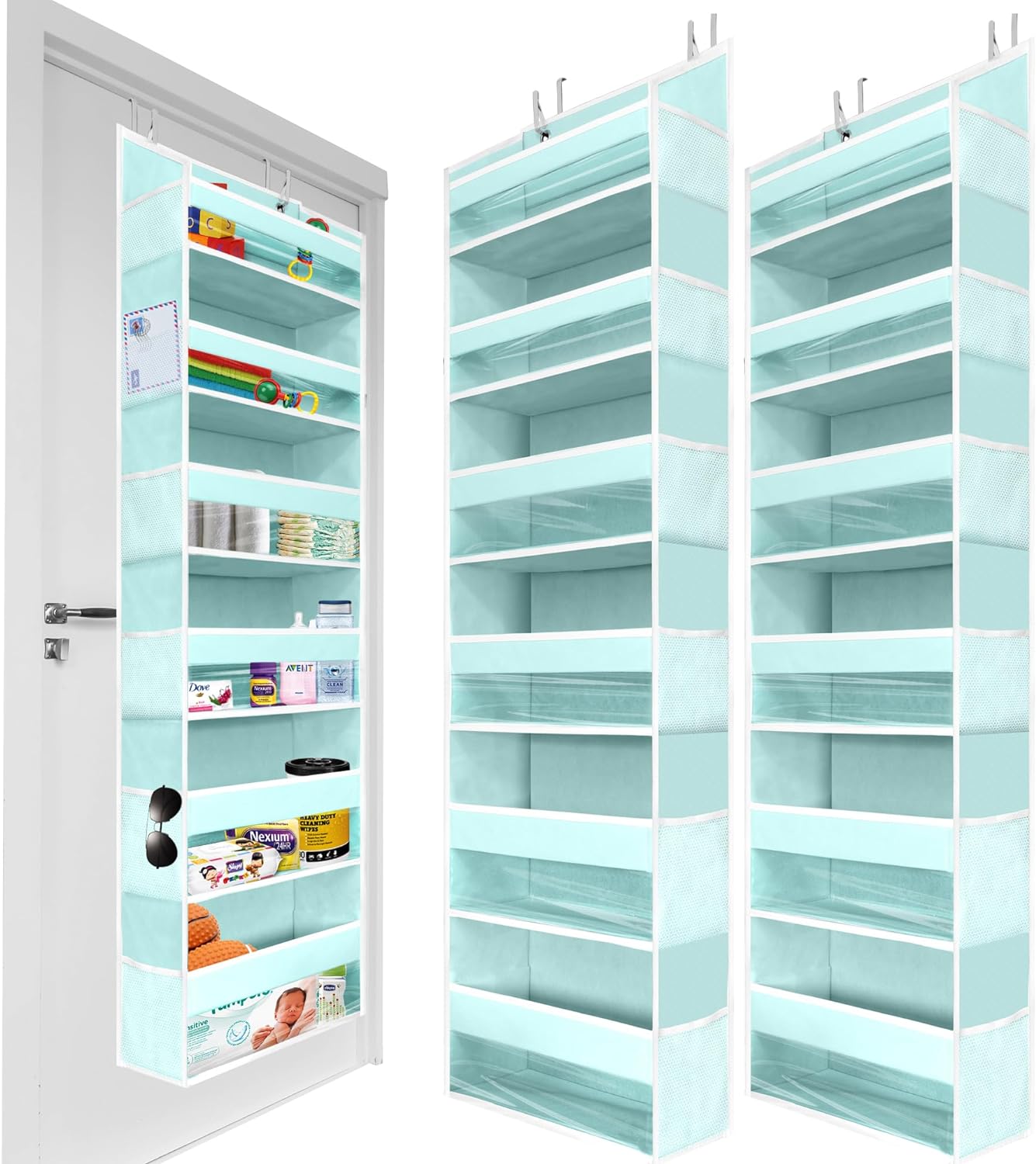 HOMELUX THEORY 2 PC Heavy Duty Over the Door Organizer 55x14x6.7, 6 Large Front & 12 Side Pockets, Hanging Storage Closet Door Organizer for Bedroom, Bathroom and Baby Nursery Storage (Baby Blue)