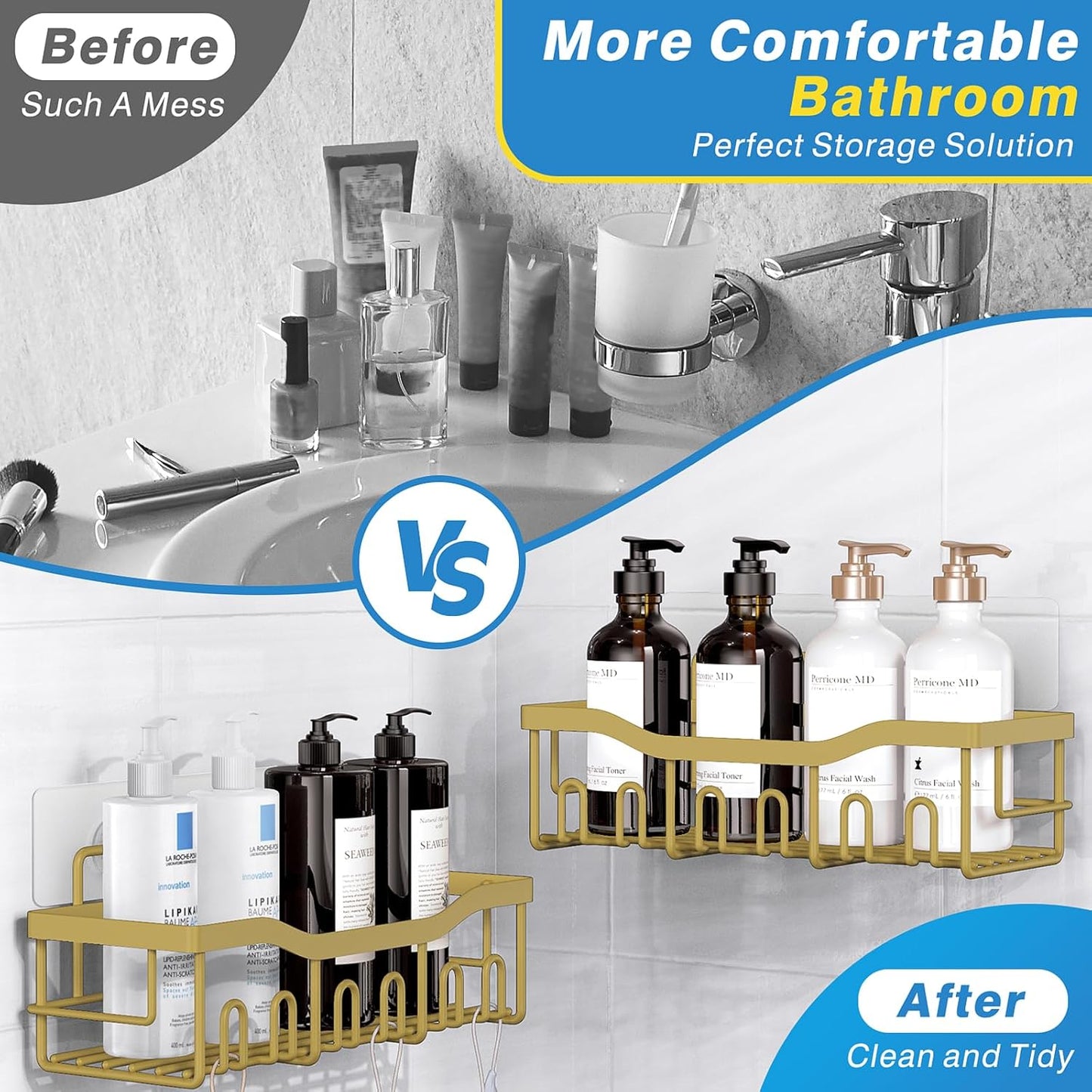 EUDELE 5-Pack Rustproof Stainless Steel Shower Caddy – No Drill Adhesive Bathroom Organizer with Large Capacity, Spacious Shower Shelves for Inside Shower, Kitchen & Home Decor Storage-XL Size