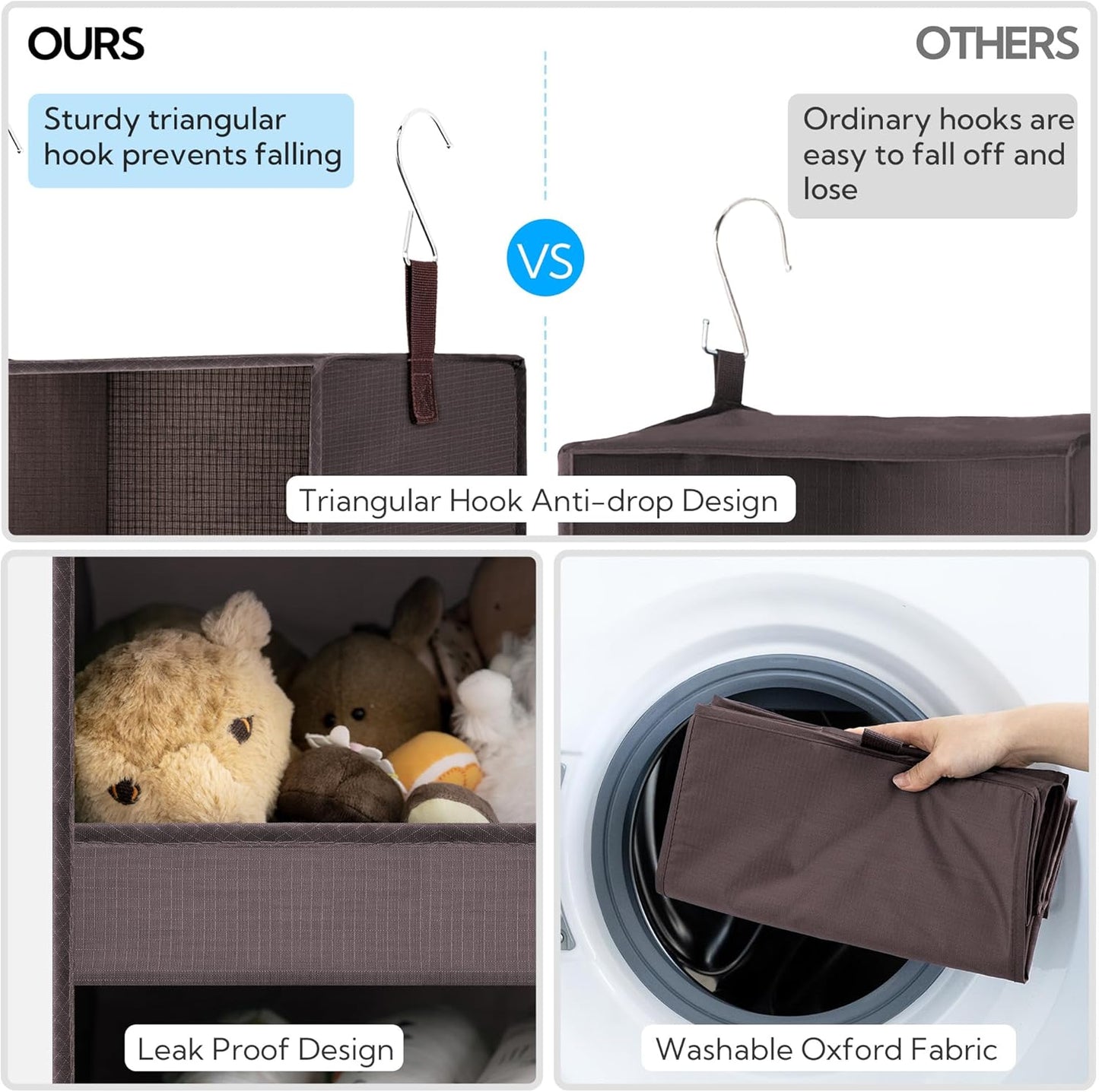 GRANNY SAYS 3-Shelf Closet Organizers and Storage, Foldable Hanging Closet Organizer, Hanging Closet Shelves with 2 Metal Hooks, Leak-Proof Hanging Shelves for Closet, Bedroom, RV, Camper, Dark Brown