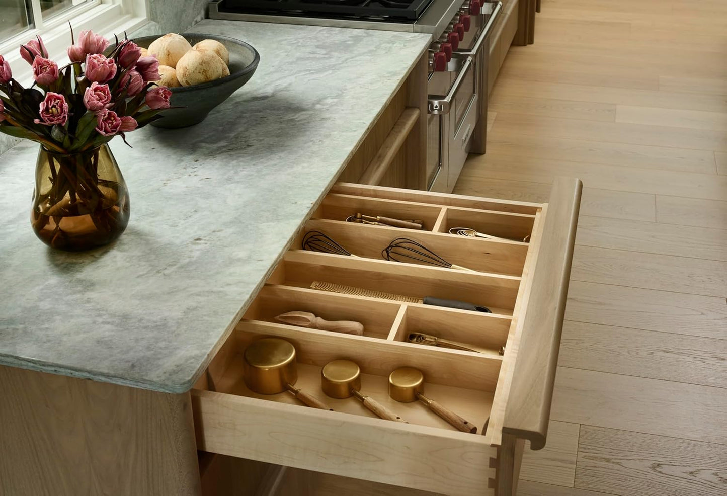 Rev-A-Shelf Trim-to-Fit Silverware Drawer Organizer For Kitchen Utensils, Cutlery Cabinet Storage Divider Insert, 33.13 x 22 In, Maple Wood, 4WUT-36-1