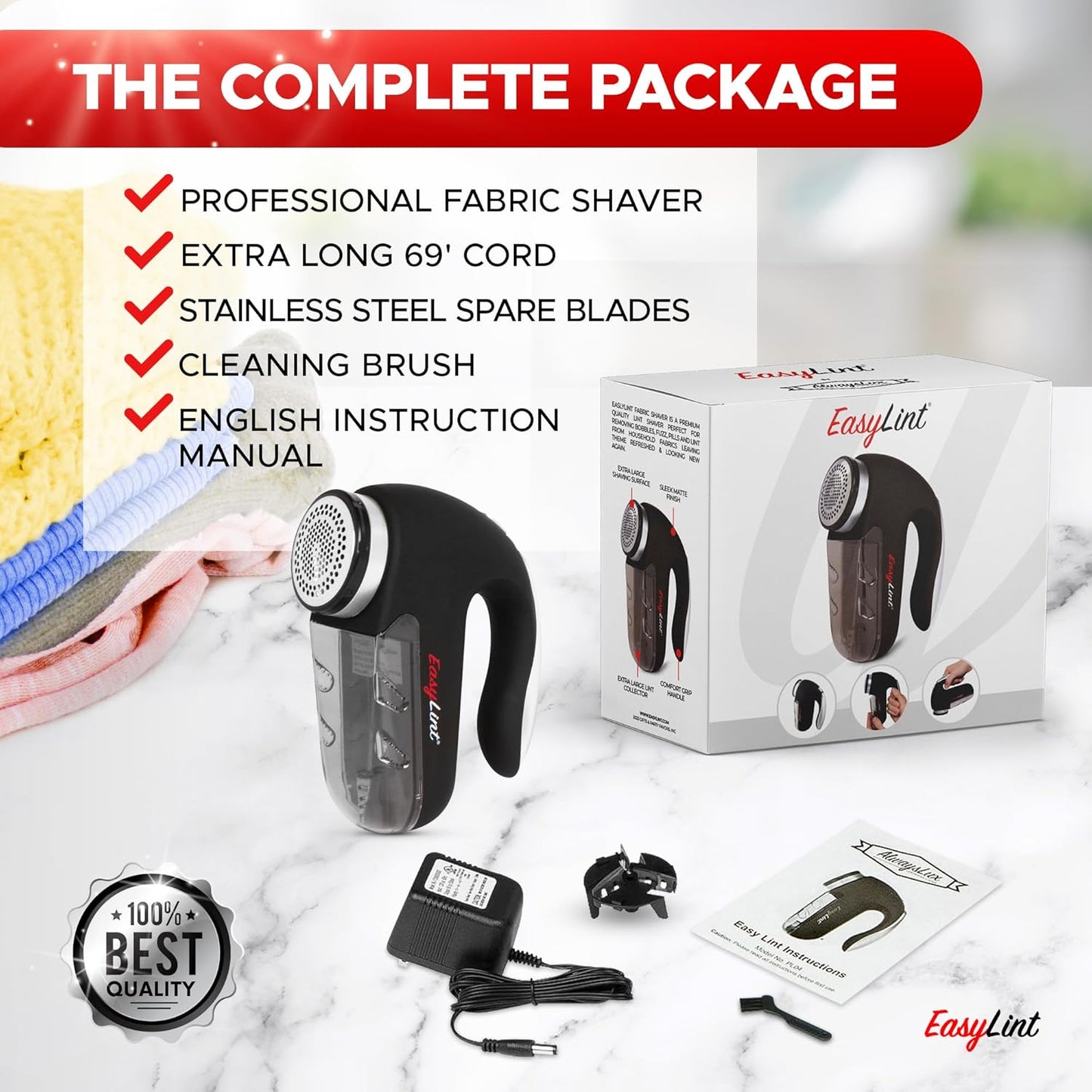 EasyLint Professional Fabric Shaver Lint Remover, Electric Sweater Shaver for Clothes & Furniture Works with AC Adapter or Batteries, Pilling Remover with 2-Blades, Cleaning Brush & Power Cord
