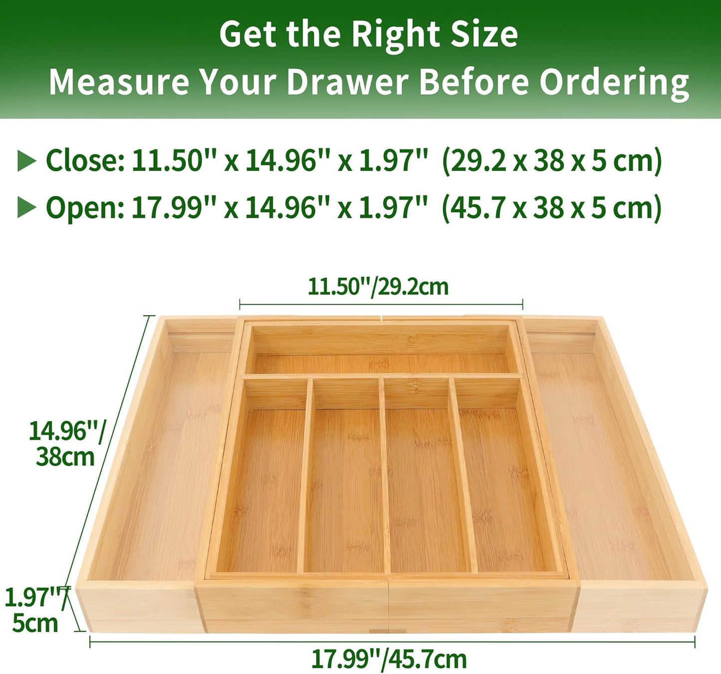 VaeFae Bamboo Drawer Organizer, Expandable Silverware Drawer Organizer, Cutlery Tray with Dividers for Kitchen Utensils, Medium