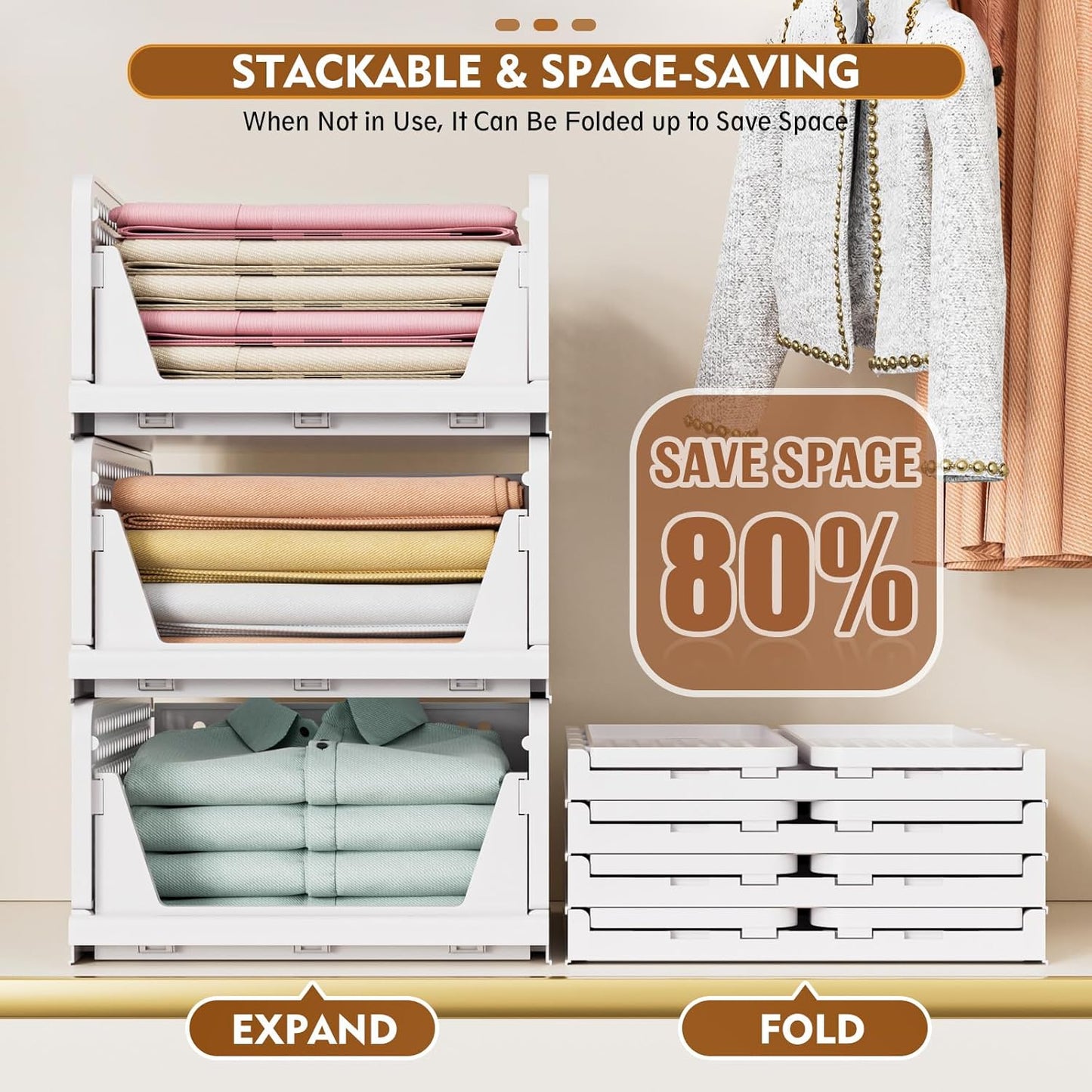 SNSLXH 5 Pack Stackable Closet Organizer Box, Multifunctional & Foldable Closet Storage Basket for Bathroom Kitchen Laundry Room Wardrobe Storage, Space-Saving Clothes Storage Drawer Organizer, Green