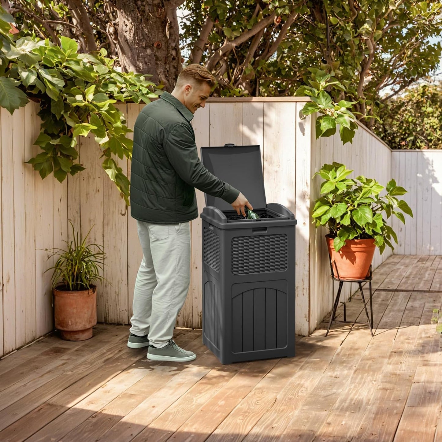YESHOMY 2 Pack Outdoor Trash Can with Lid, Garbage Bins for Garden, Porch, Home and Kitchen, Gray