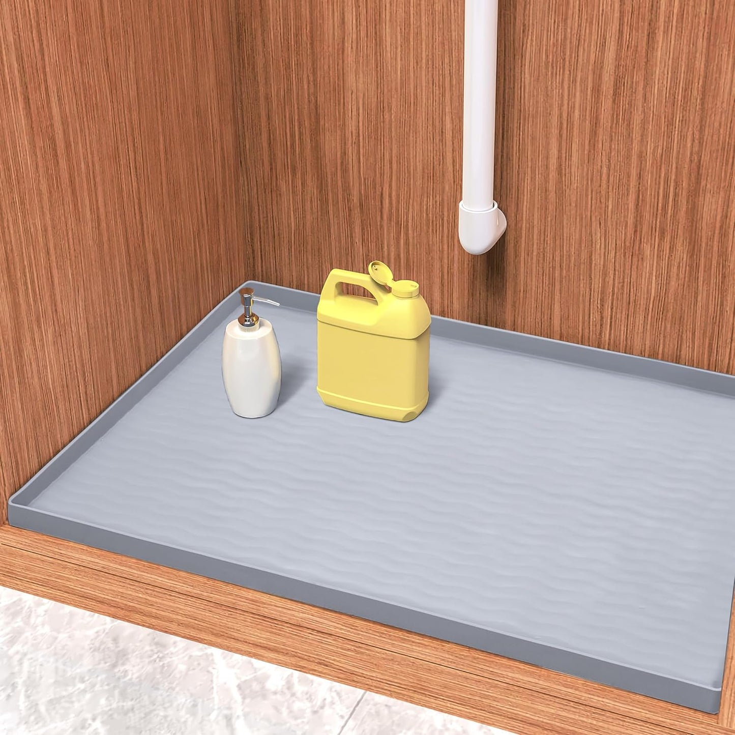 URMONA Waterproof Silicone Under Sink Mat 19'' x 19'' Shelf Liner for Kitchen and Bathroom, Cabinet and Counter Protector, Storage and Organizers, Litter Mat, Pet Cat Puppy Essentials(Light Grey)