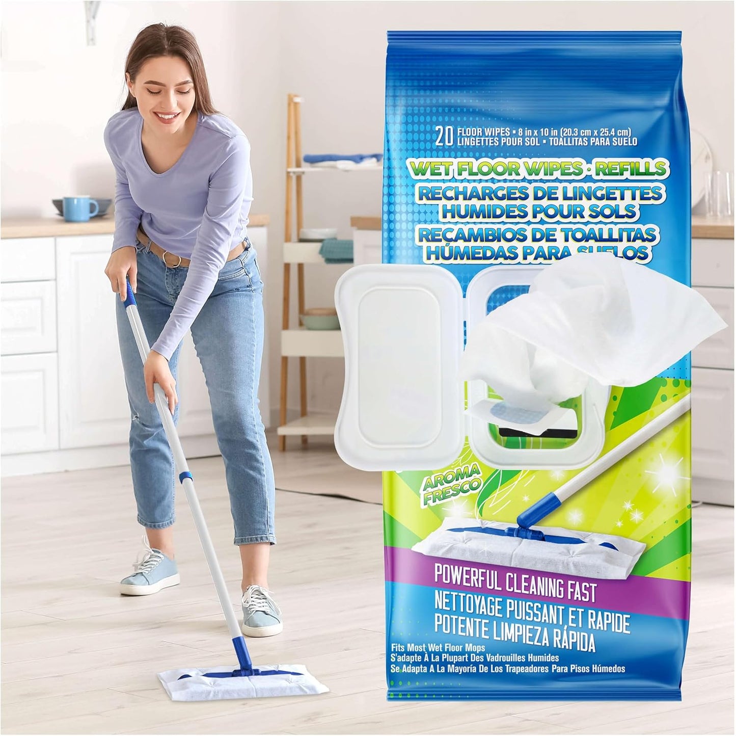 Wet Floor Wipes, Multi Surface Floor Cleaner Wet Mop Pads Fit Swiffer Sweeper Mop, Fresh Scent & Plant-Based Textured Cloth Trap Absorb Dirt, 20 Count (Pack of 8)