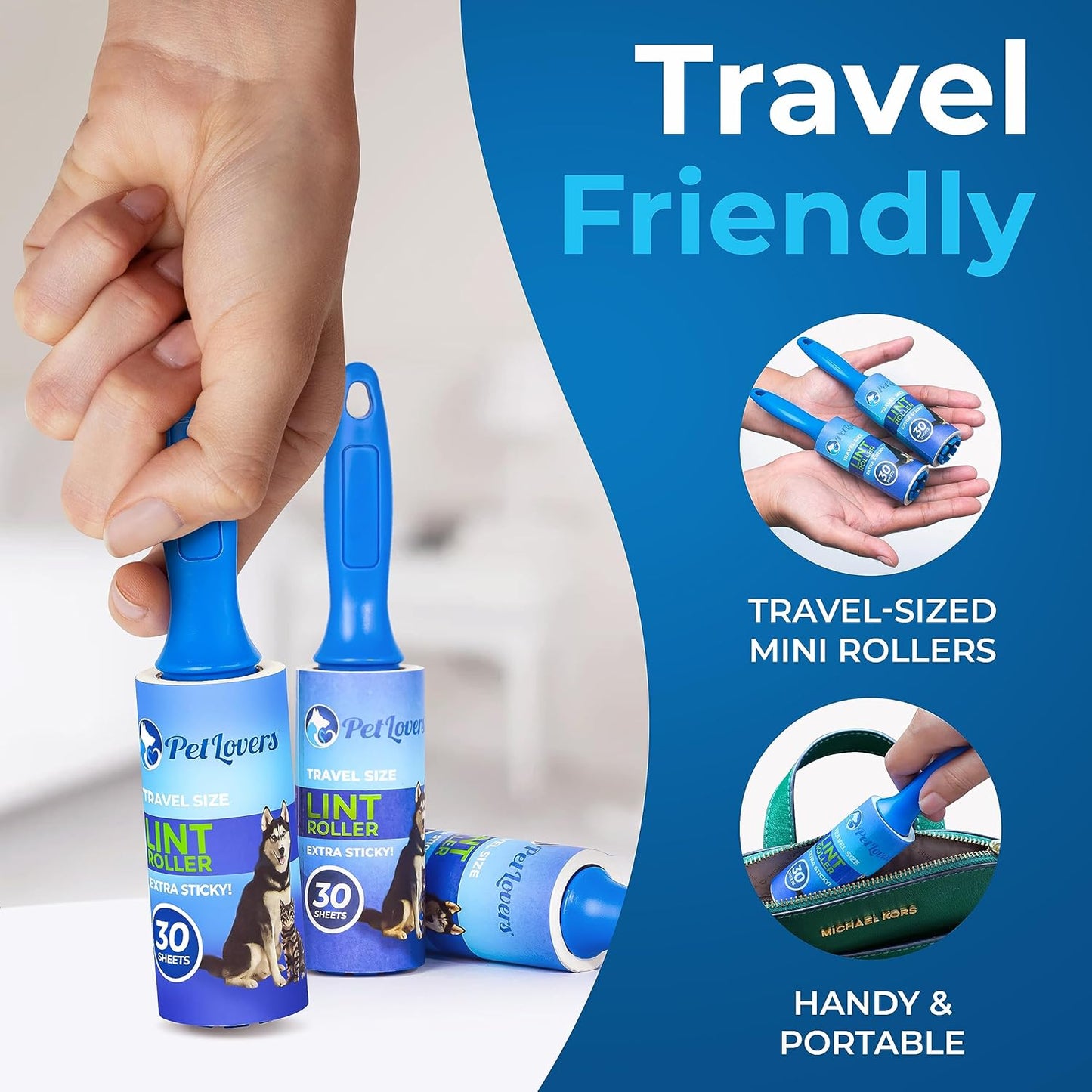 PetLovers Extra Sticky Lint Roller Mega Value Set for Pet Hair Removal and Clothes, Dog and Cat Lint Remover (Blue, 4 Pack Mini)