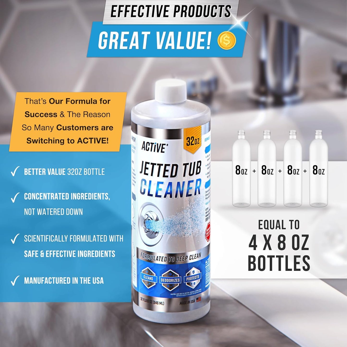 ACTIVE Jetted Tub Cleaner Bathtub Cleaning - 32oz (8 Uses) Bath Jet Cleaner For Whirlpool & Spa Bath System, Compatible with Jacuzzi Jets, Whirl Tubs, Professional Septic Safe Solution - Made in USA