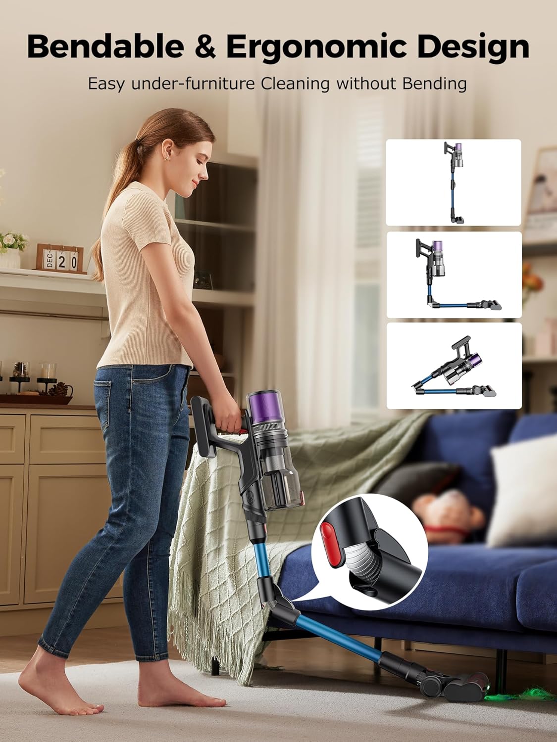 Proscenic Cordless Vacuum Cleaner, 45Kpa 55Mins Runtime, 180°Bendable Wand, Vacuum Cleaners for Home with Green Light, Anti-Tangle Brush, Rechargeable Lightweight Stick Vacuum for Pet Hair, P16(Blue)