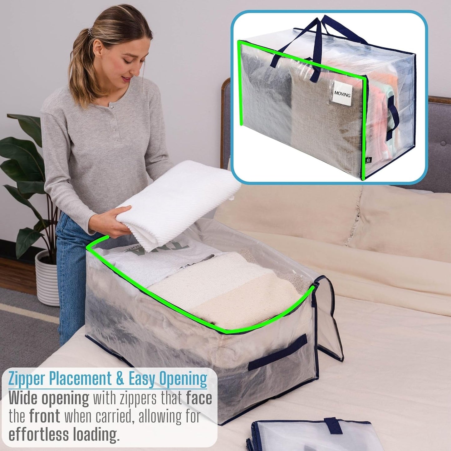 VENO 6 Pack Moving and Storage Bags, Heavy Duty, Alternative to Moving Boxes, Large Packing Totes Supplies for College Dorm Room with Zipper for Clothes, Wide Open Design (Clear, 6 Pack)