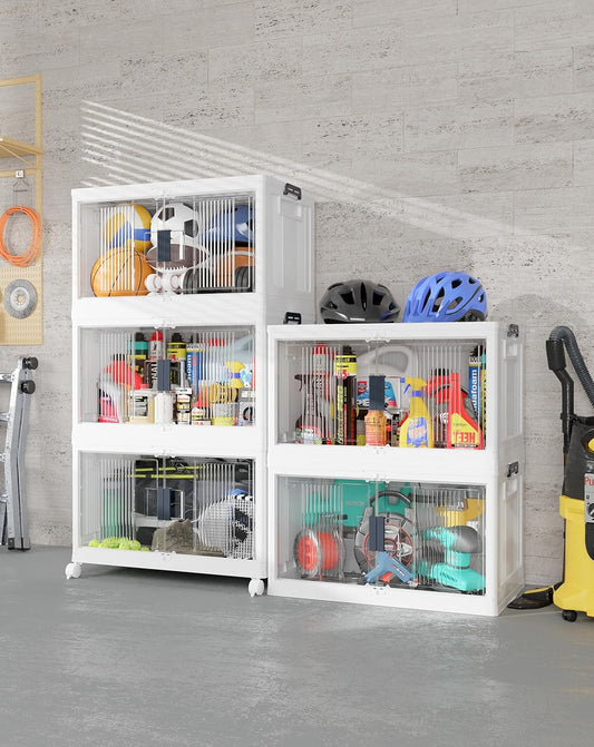OlarHike 97QT Stackable Storage Bins with Lids - Folding Storage Box with Doors and Wheels, Collapsible Plastic Storage Drawers for Closets, 5 Pack Cubes
